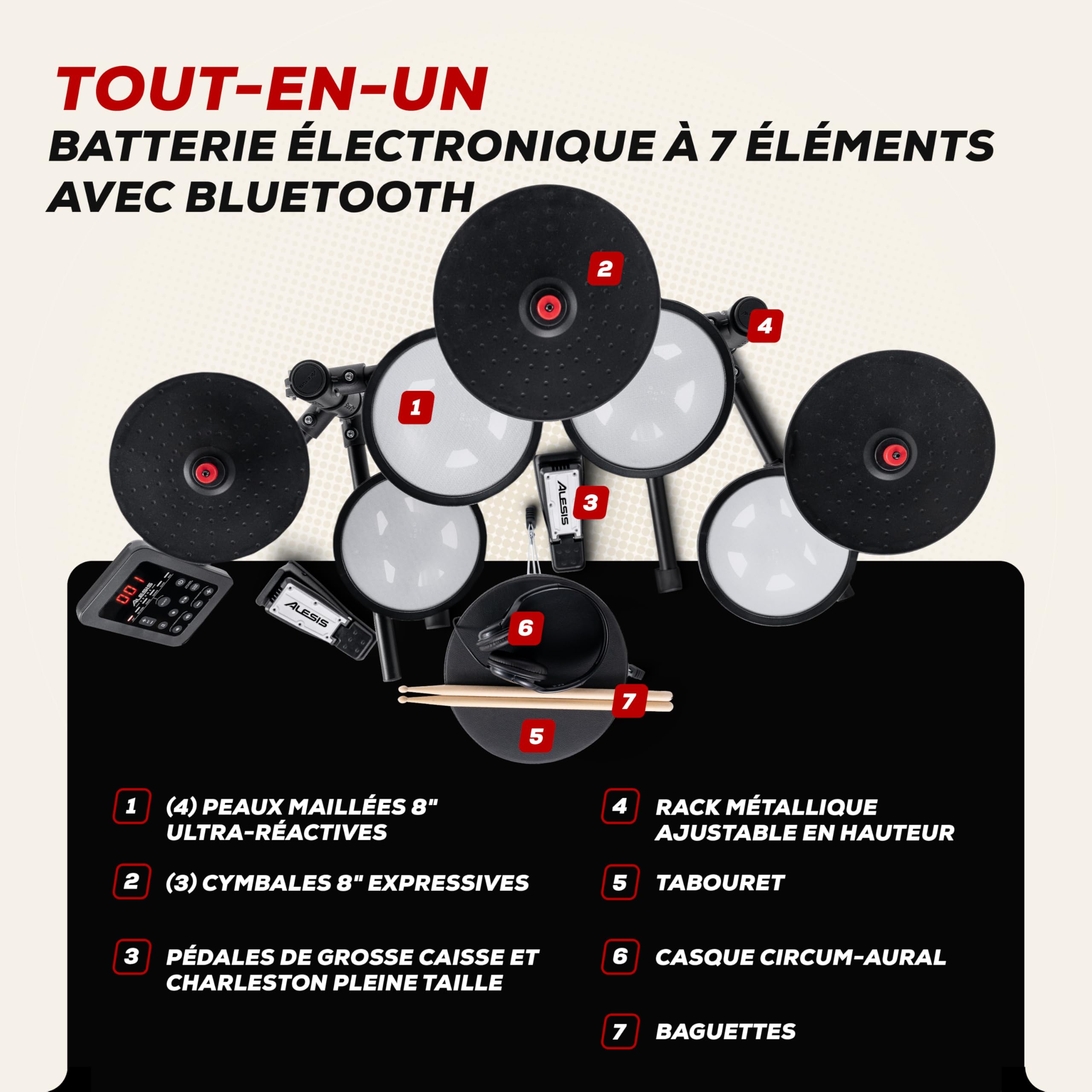 Alesis Turbo Max Batterie Électronique avec Pads Maillés 8 Pouces Silencieux, Leçons, Bluetooth et Accessoires, Pliable