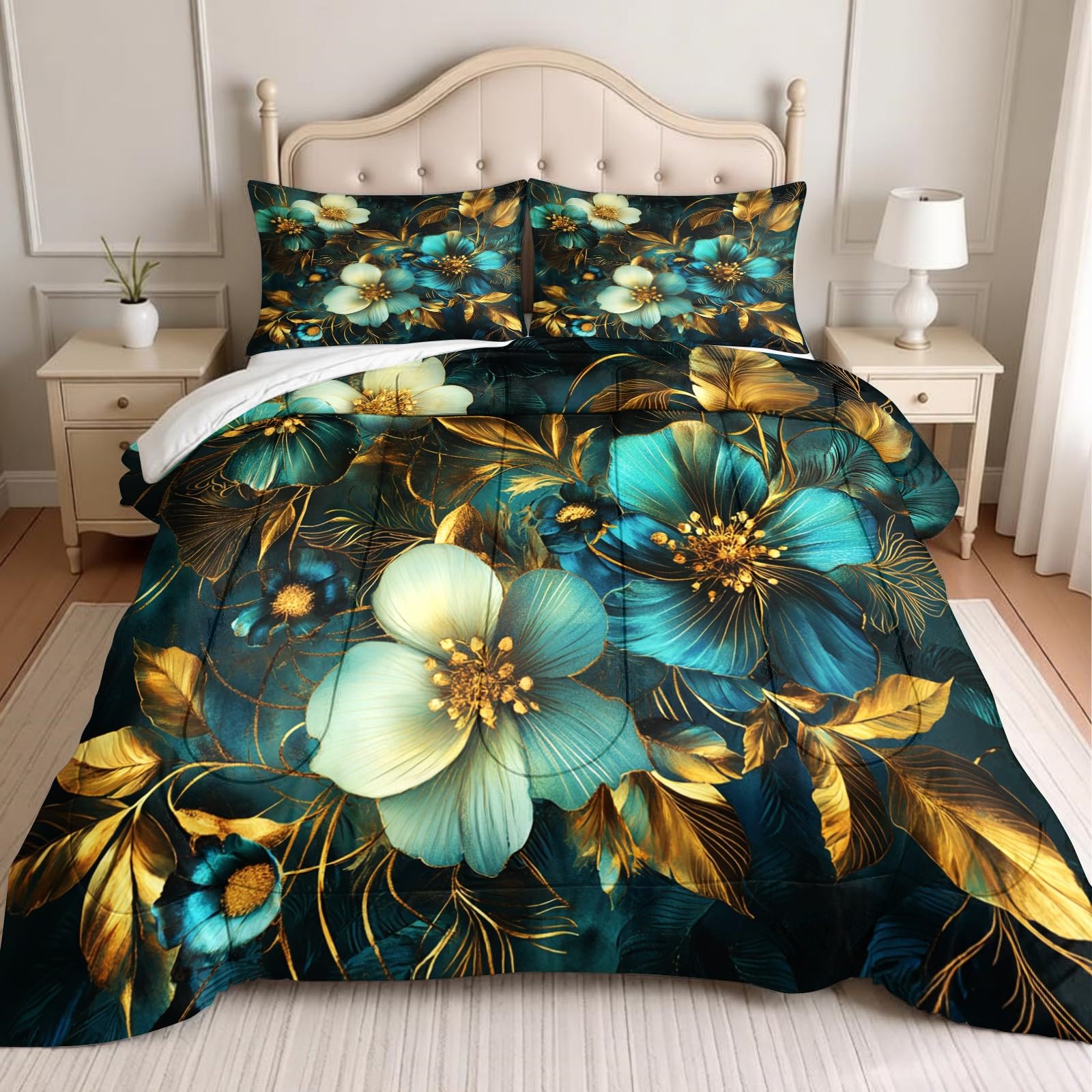 Edredón 200 x 200 cm 4 Estaciones Flores Sin Funda, 2 Fundas de Almohada Oro Verano e Invierno