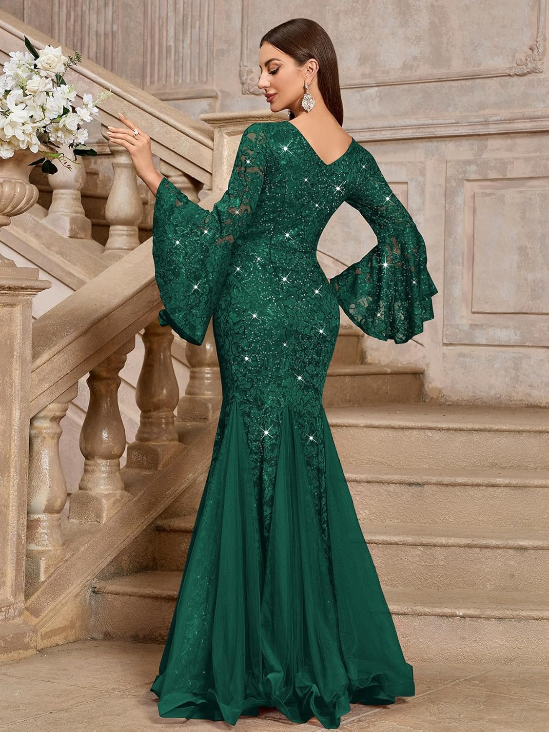 Miusol Women's Deep V Neck Sequin Lace Mesh Tulle Hem Formal Evening Maxi Dress - Image 5