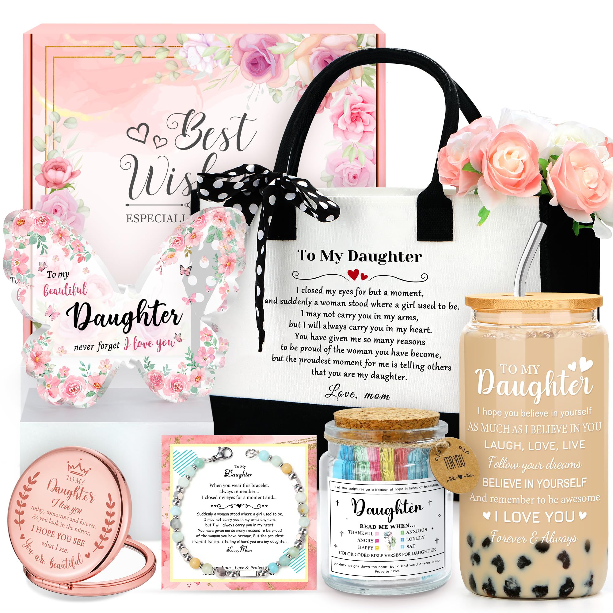 Daughter Gifts from Mom Dad Unique Daughter Birthday Gift for Daughters Adult Special Wedding Day, National Daughters Day, Happy Birthday Gift from Mother Include Canvas Tote Bag, Stylish Glass Cup