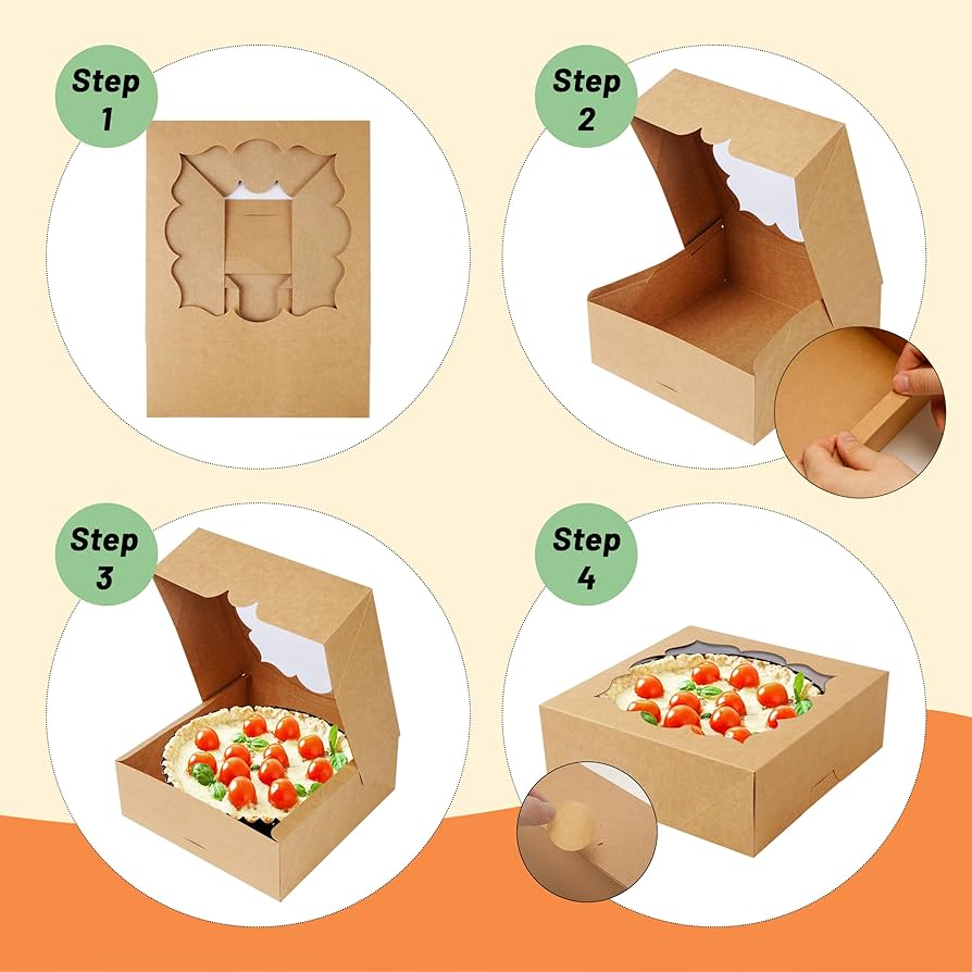 CHERRY 25-PACK 9"x9"x3"Brown Bakery Boxes With PVC Window For Pie And Cookies Boxes Large Natural Kraft Paper Box 9x9x3inch,Pack Of 25