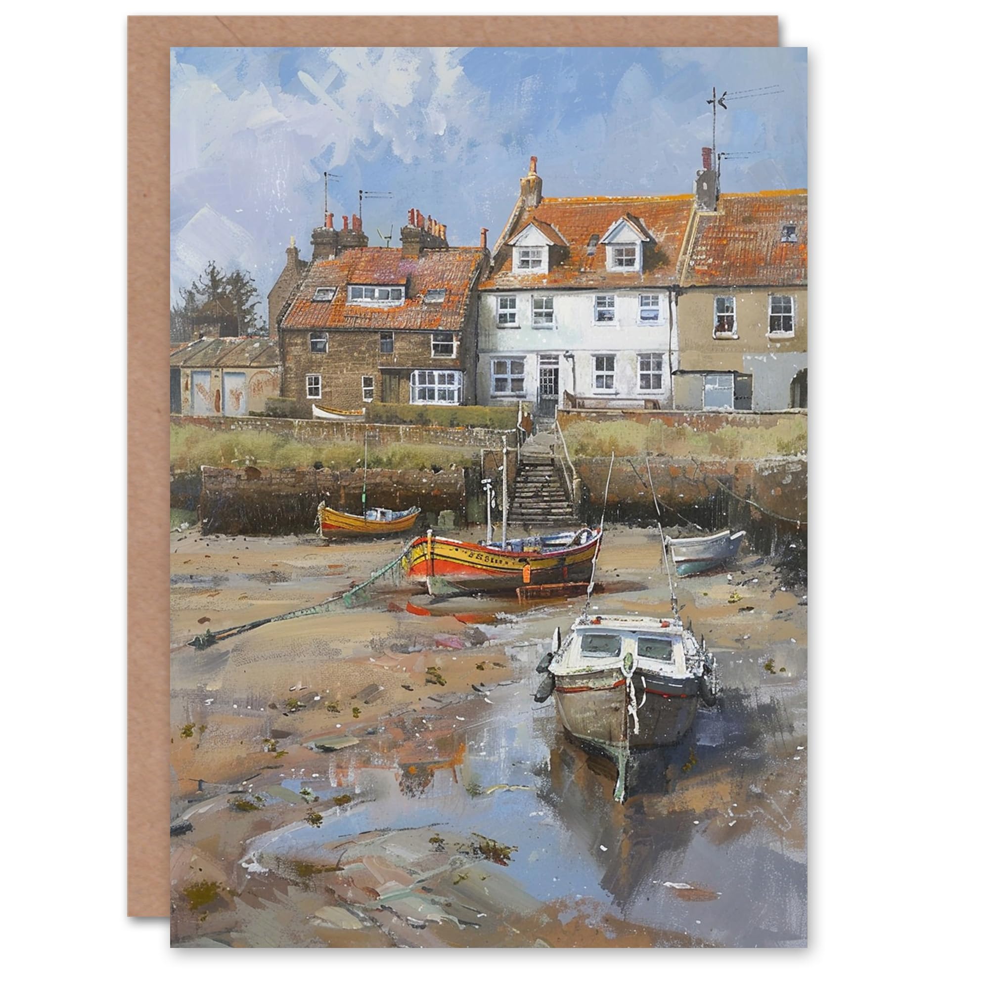 Artery8 - Greeting Card - Alnmouth Village Cottages & Boats Oil Painting