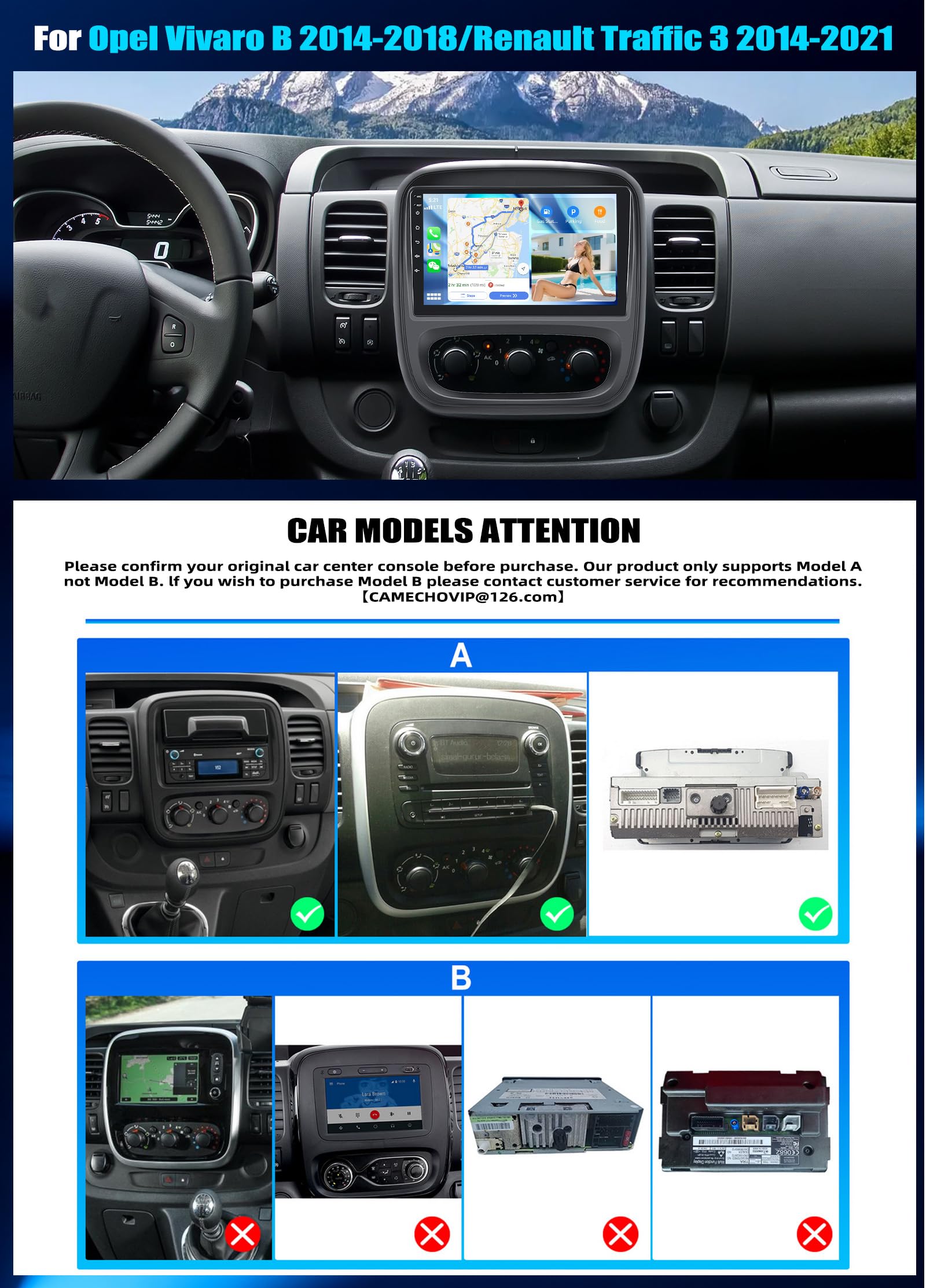 CAMECHO [4+64 GB] Android 15 – odtwarzacz samochodowy z CarPlay dla Renault Trafic III (2014–2021) i Opel Vivaro B (2014–2018) 9″ ekran dotykowy nawigacja CarPlay Android Auto Bluetooth WiFi FM/RDS