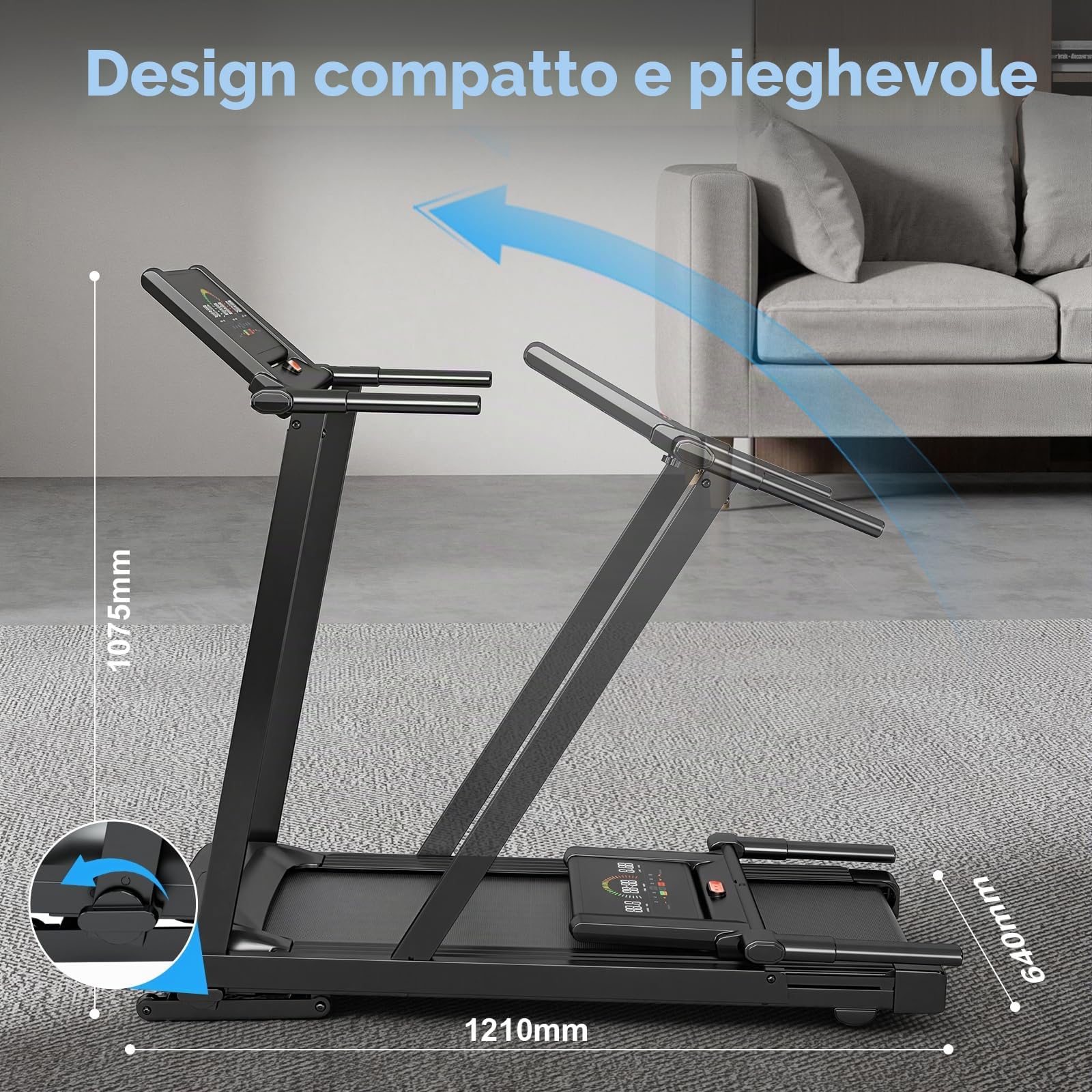 Tapis roulant, tapis roulant salvaspazio, pieghevole 4 in 1 - Inclinazione regolabile elettricamente al 12% - 1-8KM/H - Display LED/pannello di controllo - Pedane e maniglie rimovibili.
