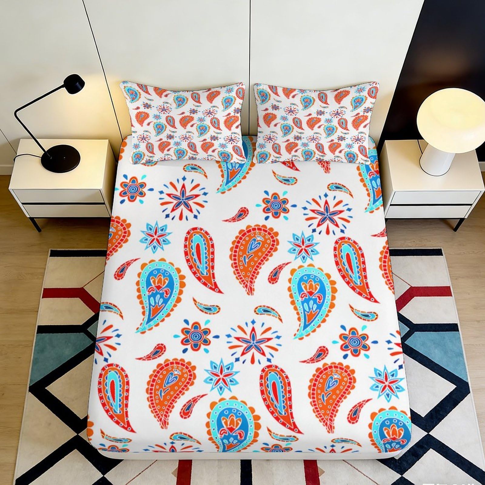 3D Printed Paisley Pattern Fitted Sheet Microfiber Soft Breathable Floral Design Bed Cover for Bedroom Dormitory Guest Room Mattress Protection 120x200x25cm