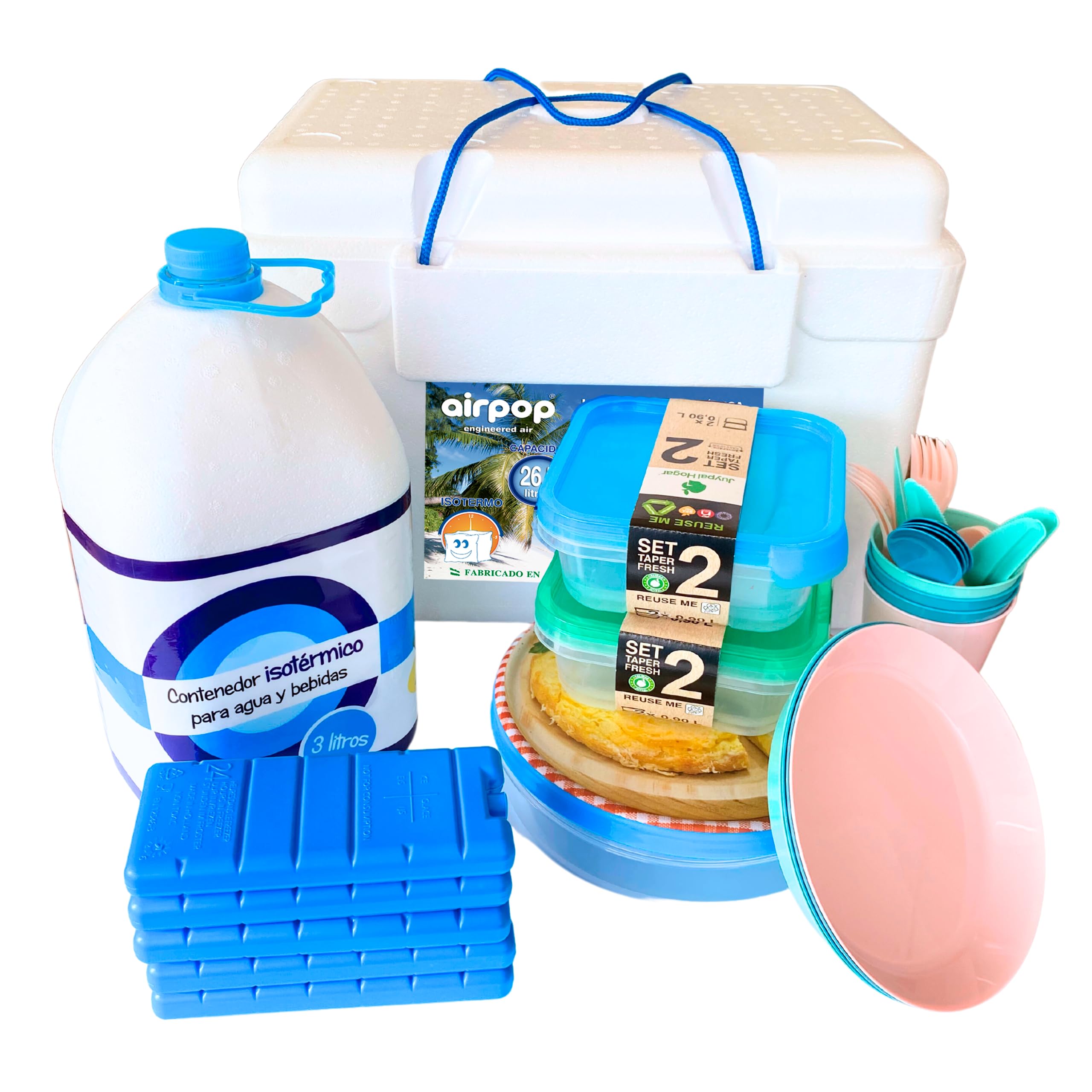 UTILBOX Set Playa: Nevera Corcho 26,5 L, 5 Tapers, Botella Isotérmica 3L, 5 Acumuladores Frío + Juego de Platos y Cubiertos. Alimentos Siempre Frescos