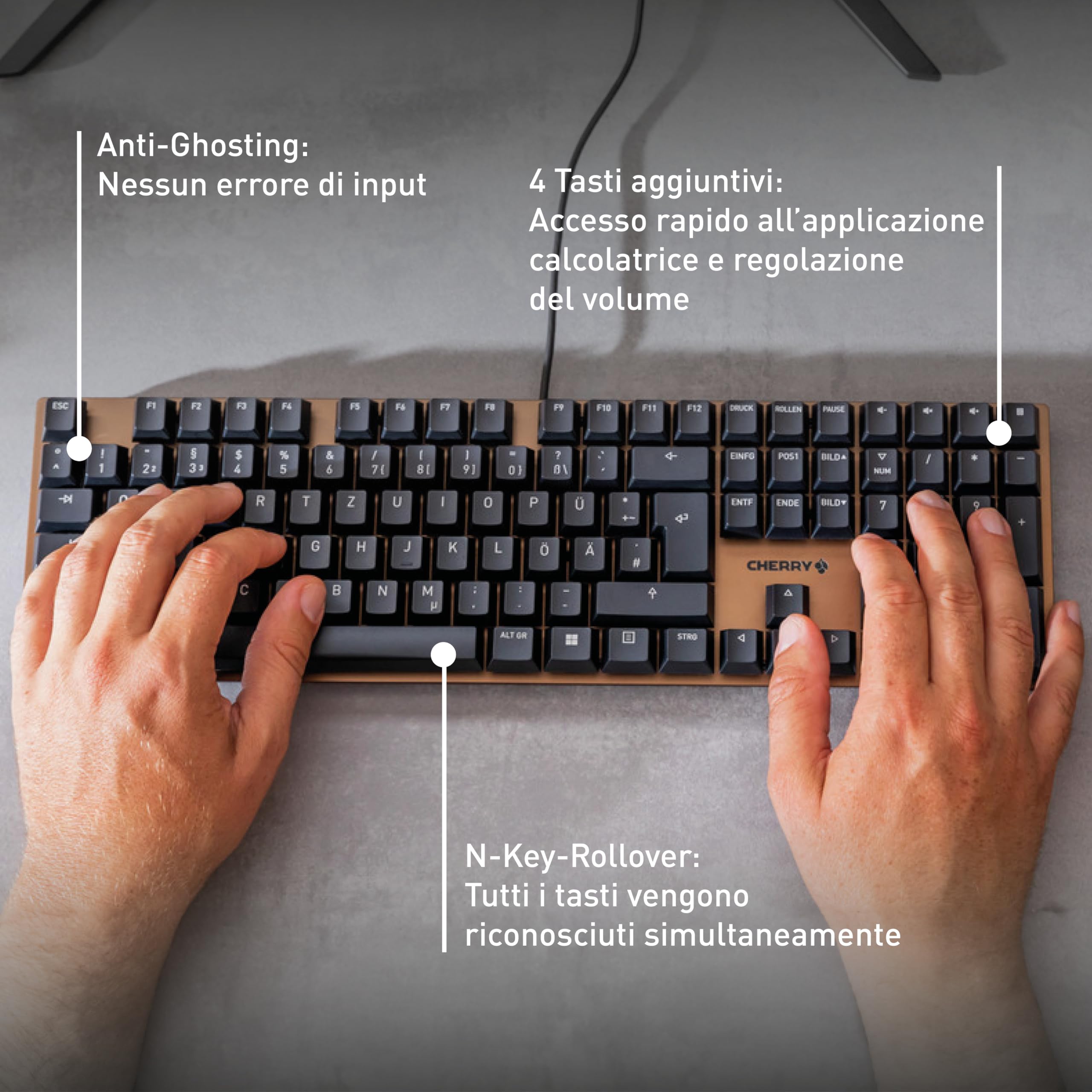 CHERRY KC 200 MX, Tastiera Office Meccanica con Piastra Metallica Anodizzata, Layout per gli USA (QWERTY), Con Filo, Interruttori MX2A SILENT RED, Nero/Bronzo