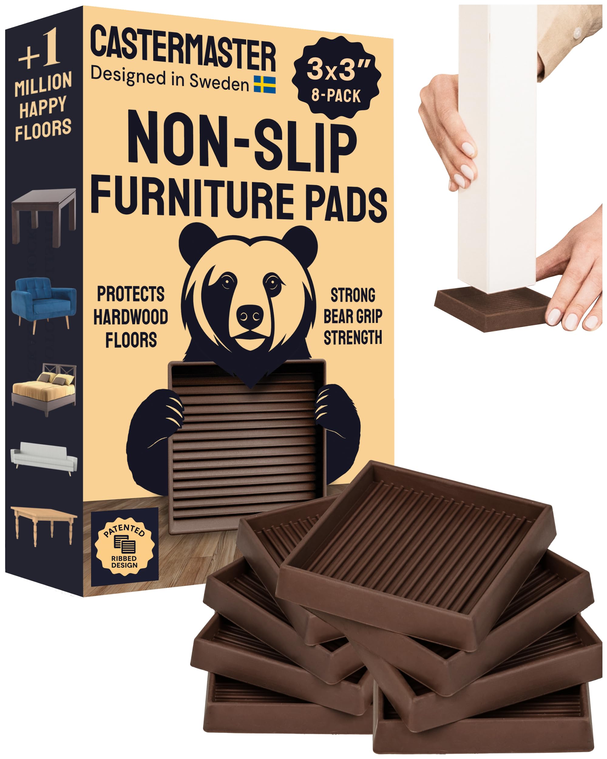 CasterMaster Non-Slip Furniture Pads Square Rubber Anti-Skid Caster Cups, Leg Coasters - Anti-Sliding Floor Protectors for Furniture (Brown, 3'' x 3'' - 8 Pack)