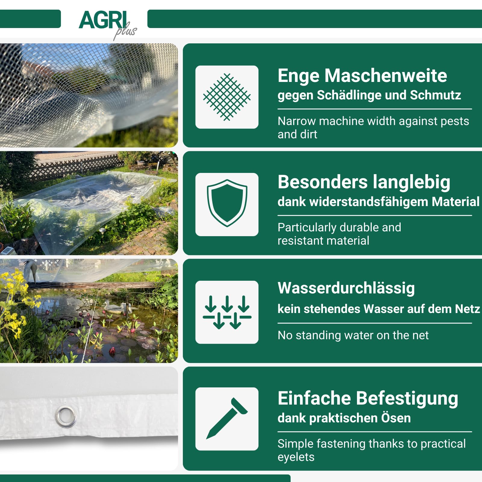 AGRI plus Teichnetz mit Ösen I 4 x 6 m I Verschiedene Maße I Engmaschiges Netz 0,8 x 0,8 mm I Teichschutz gegen Reiher I Schutznetz mit Randverstärkung I Abdecknetz UV-stabil & wasserdurchlässig