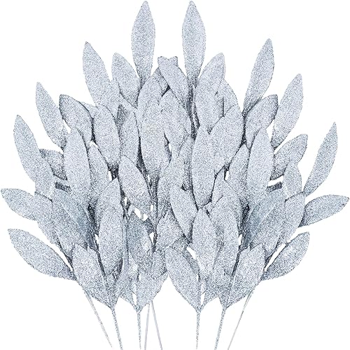 24 hojas de plata artificiales con purpurina, 13 pulgadas, hojas de flores plateadas de Navidad, hojas de árbol de Navidad, adornos de árbol de