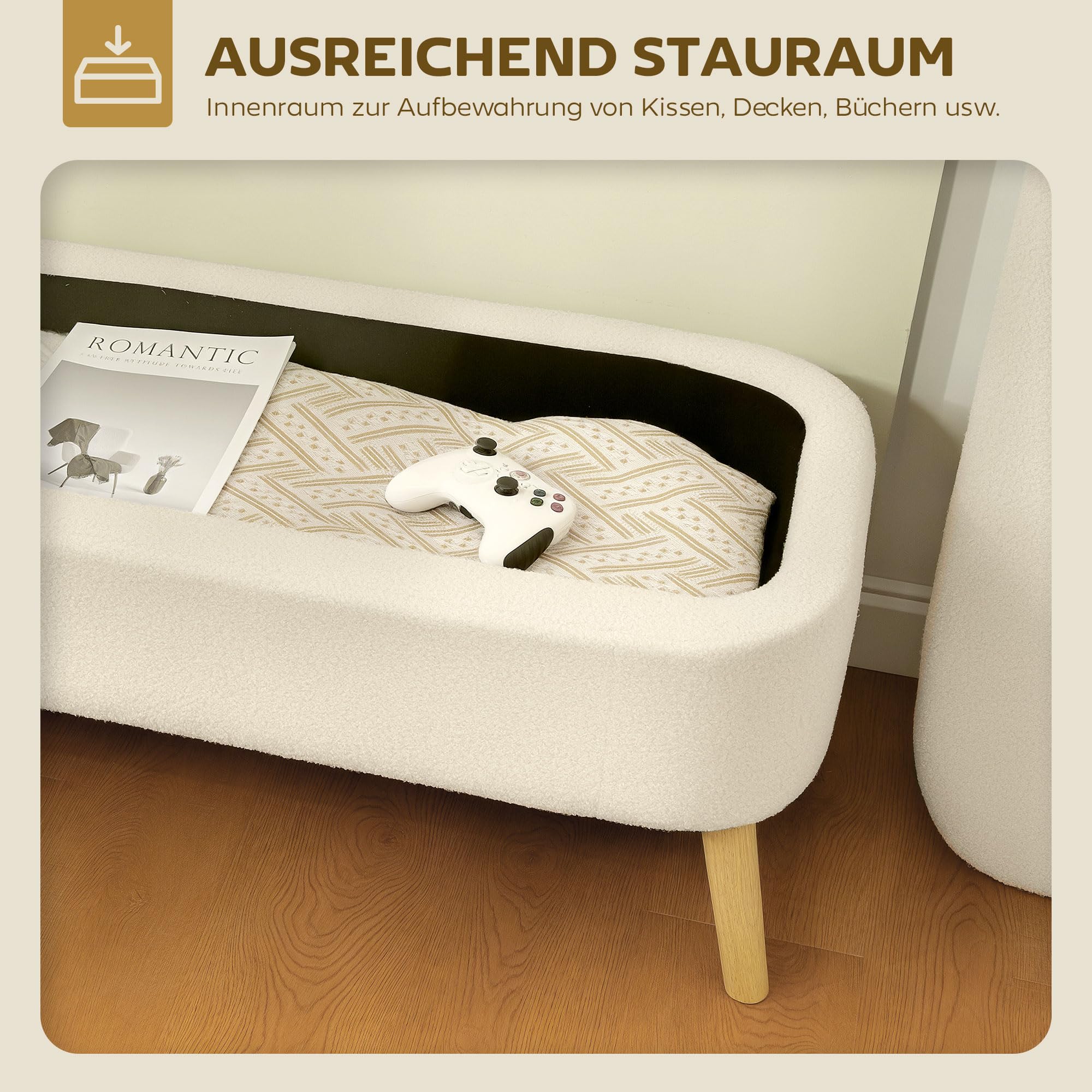 HOMCOM Sitzbank mit Stauraum Polsterbank Holzbeine 120x42x45 cm Beige | Teddy-Fleece-Optik, Truhenbank Sitztruhe, Bettbank, Wohnzimmer, Schlafzimmer, Flur