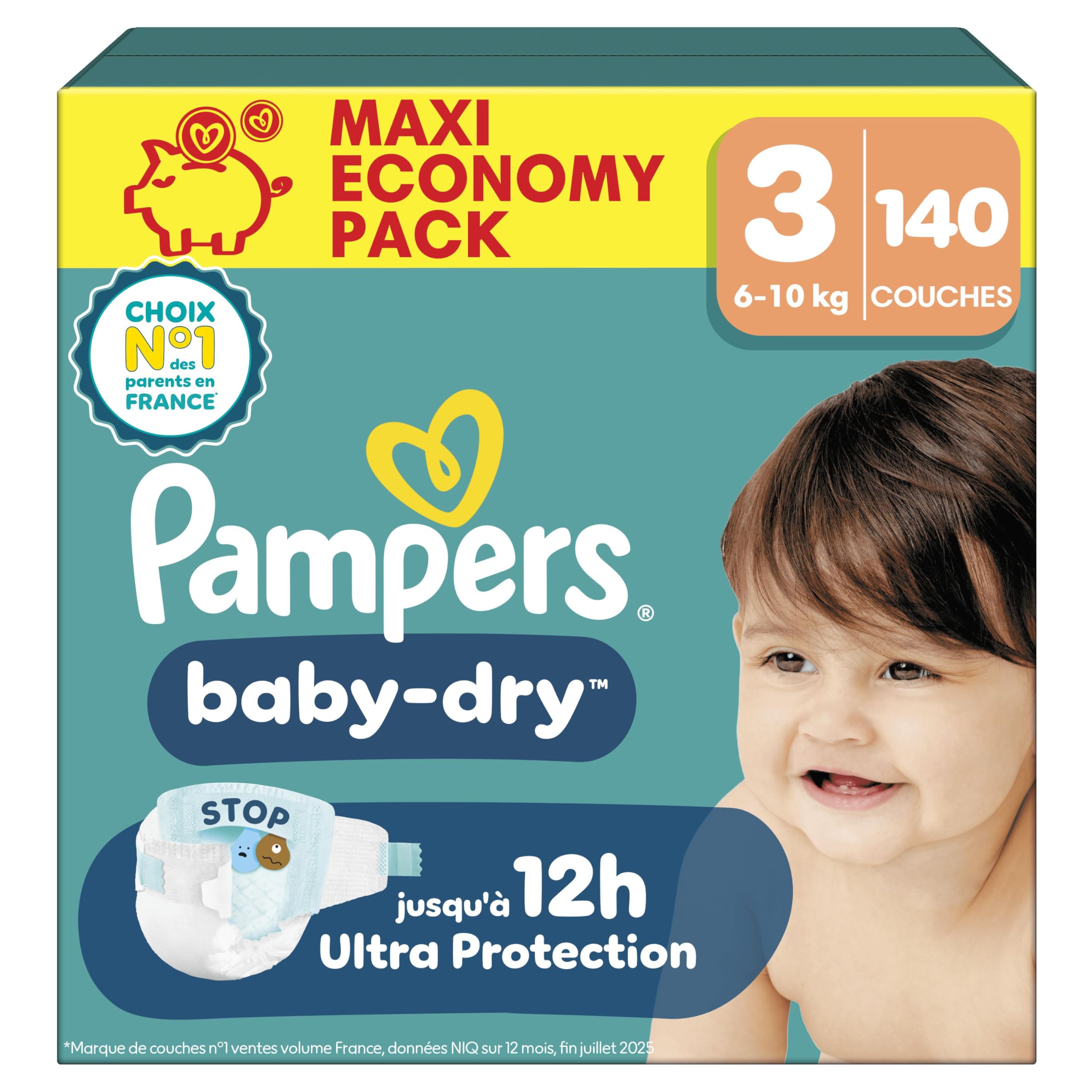 Pampers Baby-Dry Taille 3, 140 Couches, 6kg-10kg, Une Nuit Confortable Jusqu’À 100% Sans Fuites