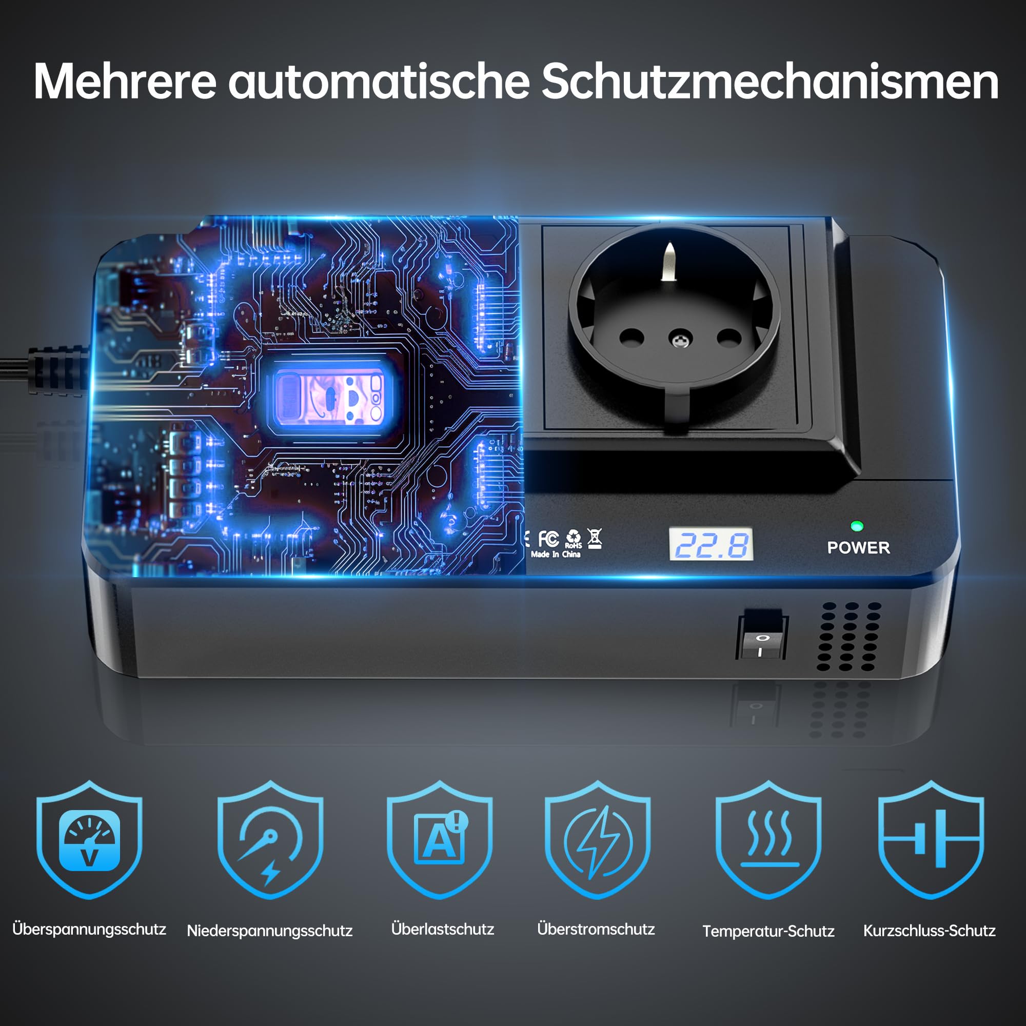 200W Wechselrichter 12V auf 230V Auto Spannungswandler, Stromwandler mit 2 Auto Steckdose/Type-C & 2 USB Anschlüsse und Zigarettenanzünder Verteiler für Handys, für Laptop, iPad, DashCam