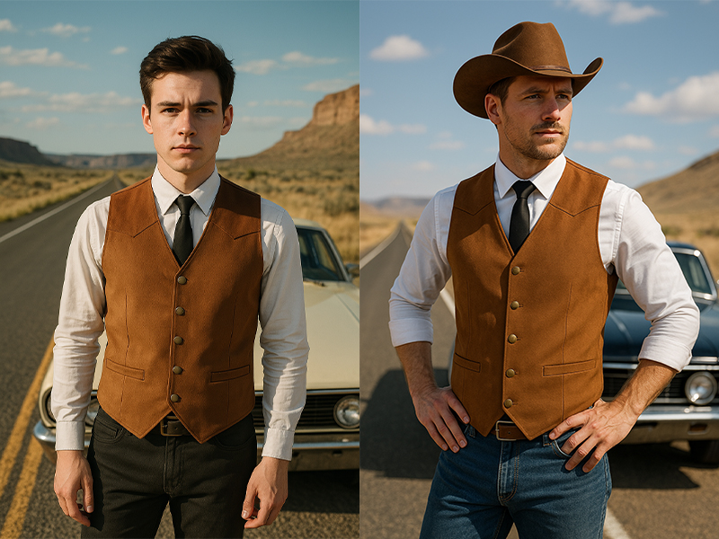 Tuikayoo Suède pak voor heren, vest, vintage, western cowboy vest, normale pasvorm, koffie, XL