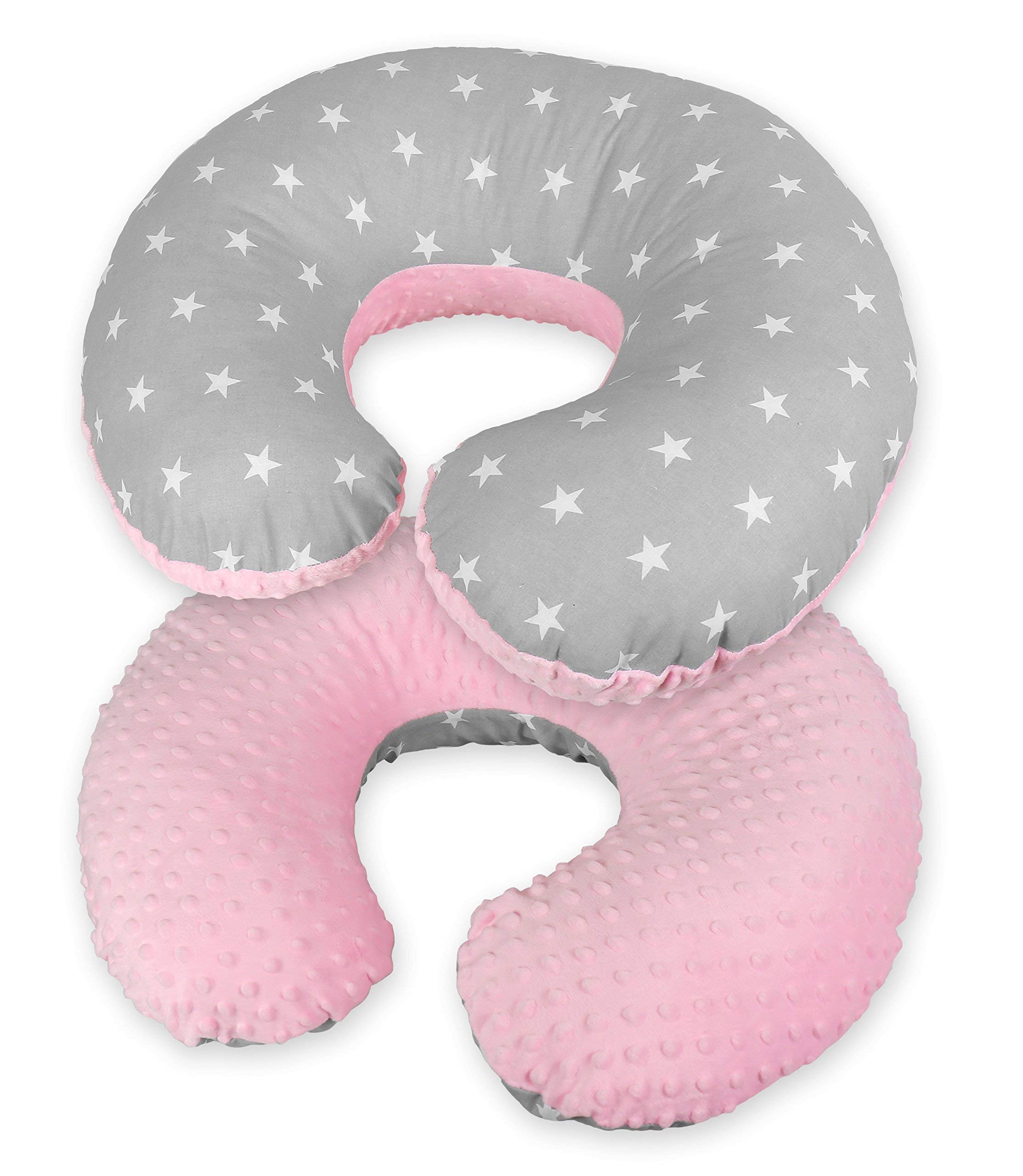 Nursing Pillow Dimple Breast and Bottle Feeding Cushion Baby/Newborn Washable Removable Cotton Cover Maternity Pregnancy Gifts (Pink/Small White Stars on Grey)