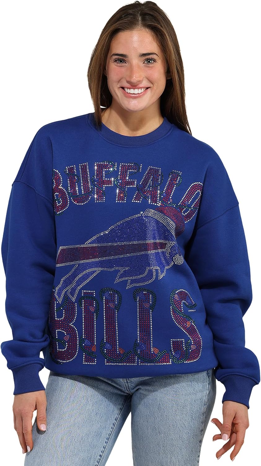 FOCO NFL womens Nfl Rhinestone Team Logo Oversized Holiday Crew Neck Sweatshirt