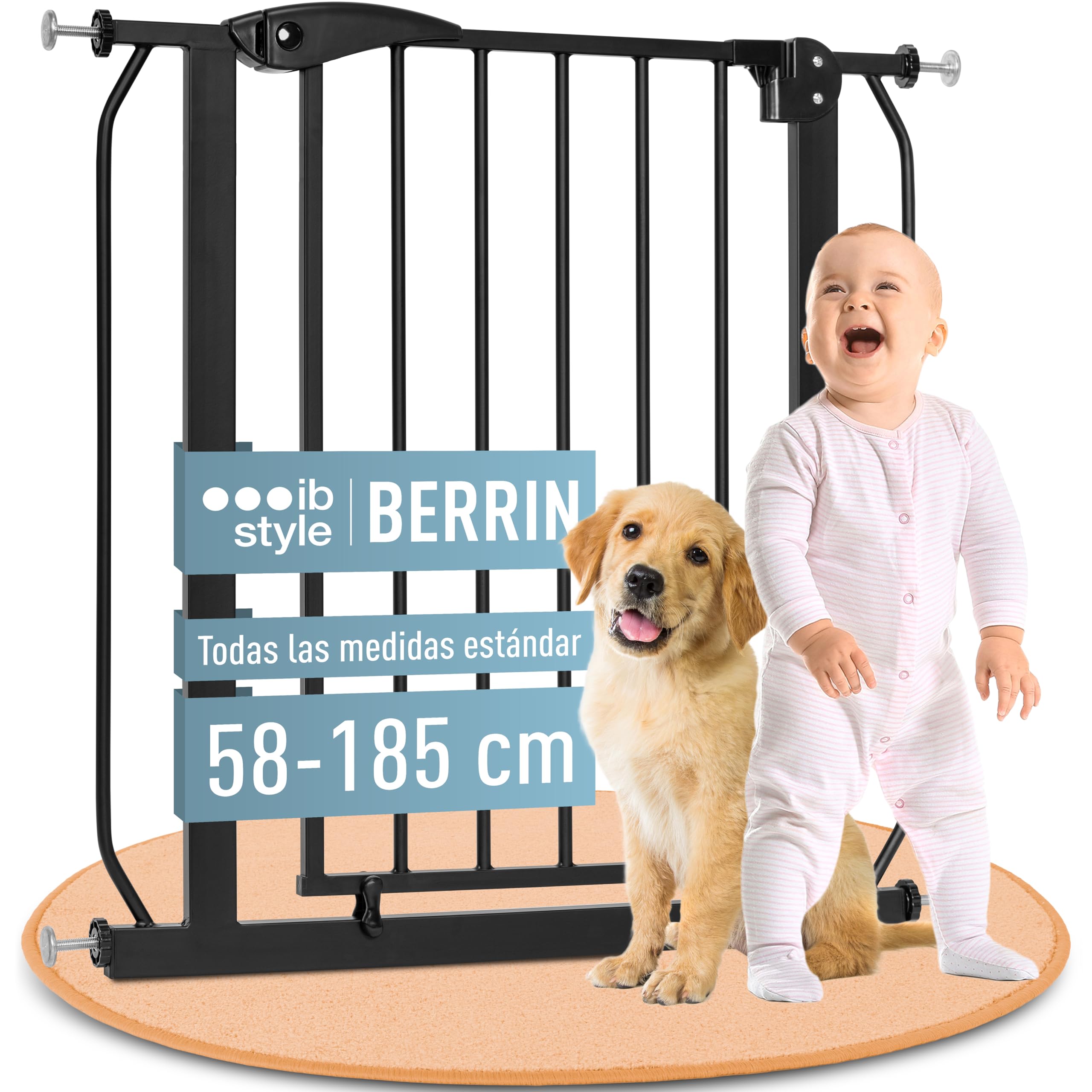IB STYLE Barrera de Seguridad Berrin - Montaje a Presión, Sin Tornillos, Cierre Automático, Bebés y Niños, Negro, Ancho: 58-66 cm