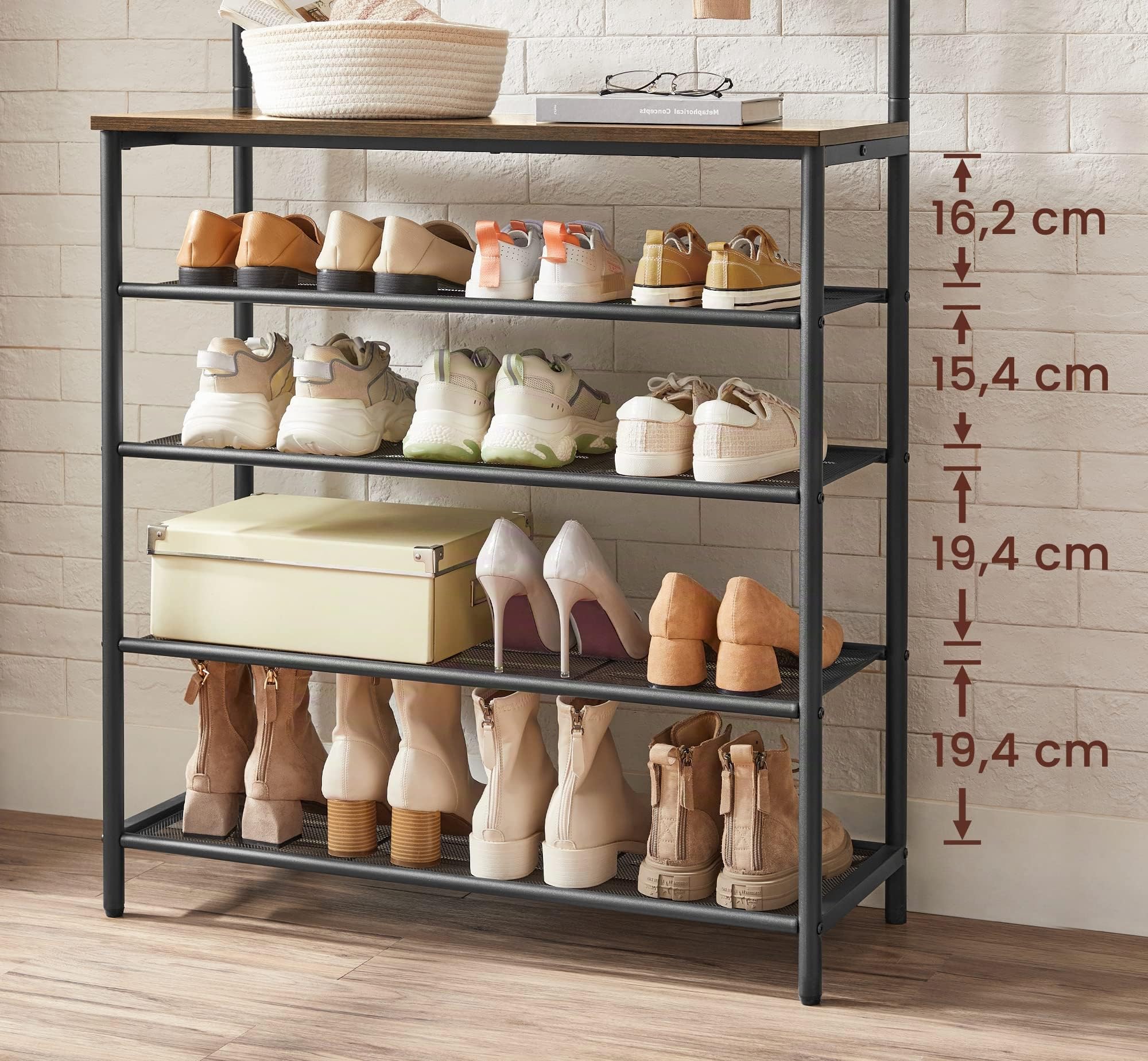 VASAGLE Garderobenständer, Kleiderständer, Schuhregal, Garderobe mit 5 Doppelhaken, 5 Ebenen, eine Ablage Oben, für Wohnungen, Schlafzimmer, Flur, Industrie-Design, vintagebraun-schwarz HSR408B01