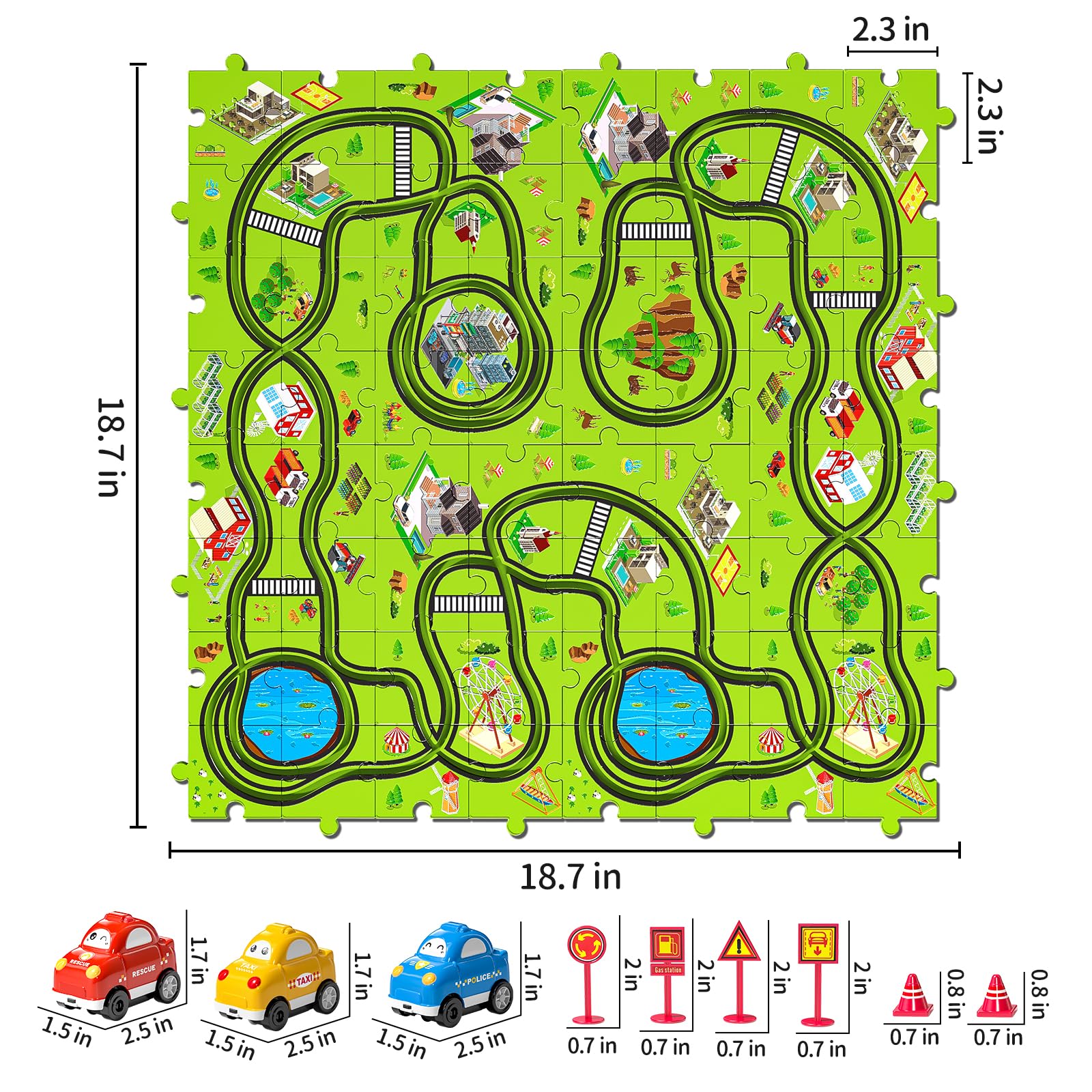 Juego de 64 piezas de coches de carreras de rompecabezas para niños de 3, 4, 5, 6 años, pistas de rompecabezas para niños de 3 a 5 años con 3 autos de juguete deslizantes, temáticos de ciudad 6