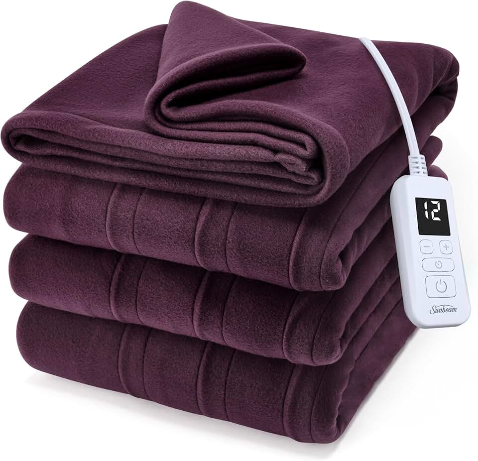 Sunbeam Royal Cobertor Elétrico Aquecido Ultra Fleece Tamanho Solteiro, 213 cm x 157 cm, 12 Configurações de Calor, Desligamento Automático Selecionável em 12 Horas, Aquecimento Rápido, Lavável na