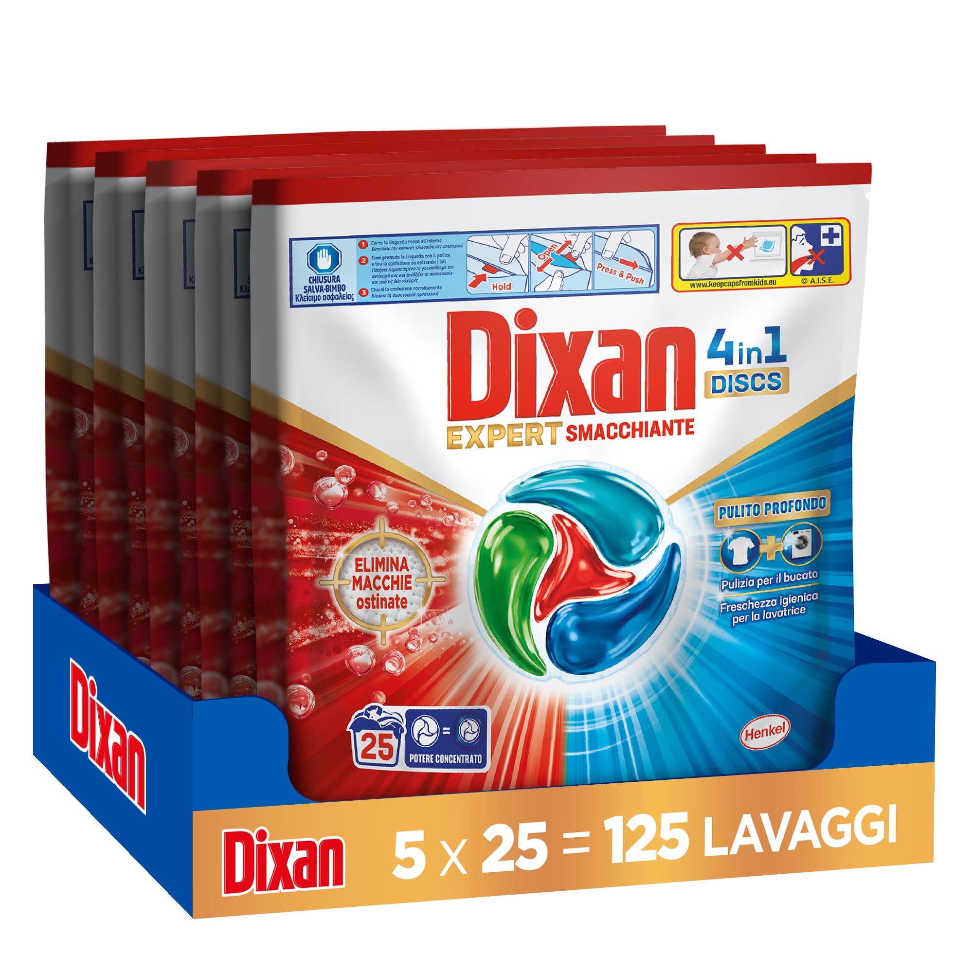 Dixan DISCS 4in1 Expert Smacchiante Detersivo Lavatrice, 5 confezioni da 25 Lavaggi, Capsule lavatrice per pulizia profonda del bucato e freschezza igienica per lavatrice, Rimuove le macchie da 20°C