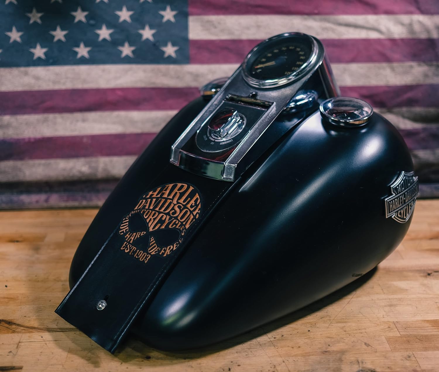 The Dirty Gringo Retro Fatboy Skull Antiqued Leather Gas Tank Bib Panel Retro Ace (3 Light Dash) Compatible with Harley Davidson