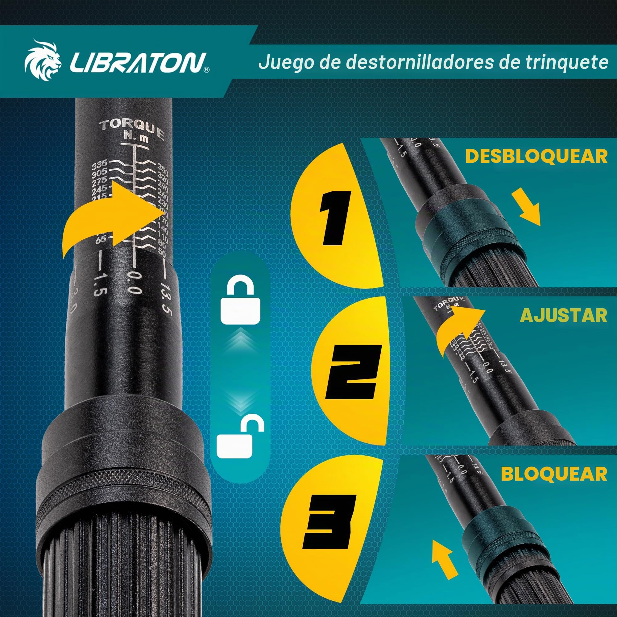 LIBRATON Llave Dinamométrica 1/2", 50-350 Nm Llave de Torque, Llave Dinamométrica Moto con Clic, Precisión ±3%, Mango Articulado 1/2", 72 Dientes de Doble Dirección Ajustable, para Moto y Coche