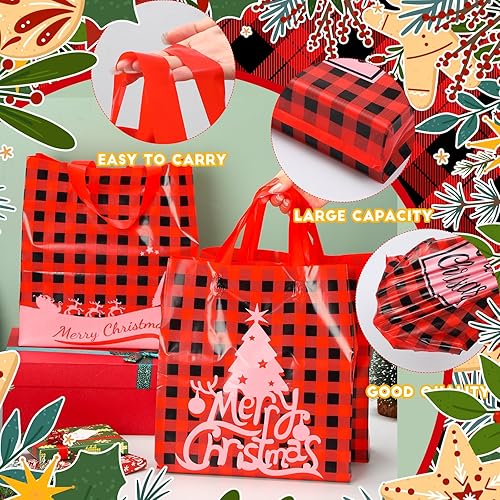 Miniatura 3 de Tenceur 150 bolsas de regalo de plástico de Navidad, bolsas de mercancía de Navidad de 10 x 13 pulgadas, bolsas de compras a cuadros con asas,
