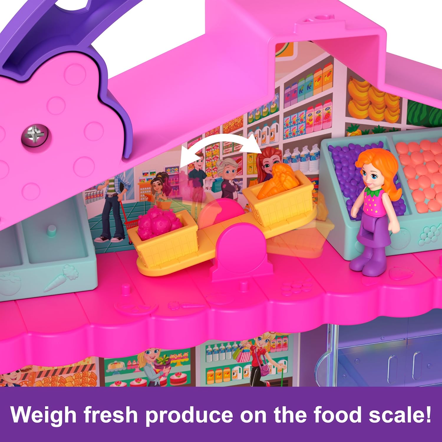 Polly Pocket Pollyville Fresh Market Dolls & Playset, Food Toy with 2 Micro Dolls, 12 Accessories Include Toy Car & Pet