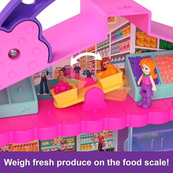 Polly Pocket Pollyville Fresh Market Dolls & Playset, Food Toy with 2 Micro Dolls, 12 Accessories Include Toy Car & Pet