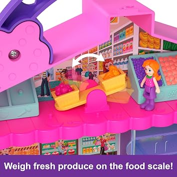 Polly Pocket Pollyville Fresh Market Dolls & Playset, Food Toy with 2 Micro Dolls, 12 Accessories Include Toy Car & Pet