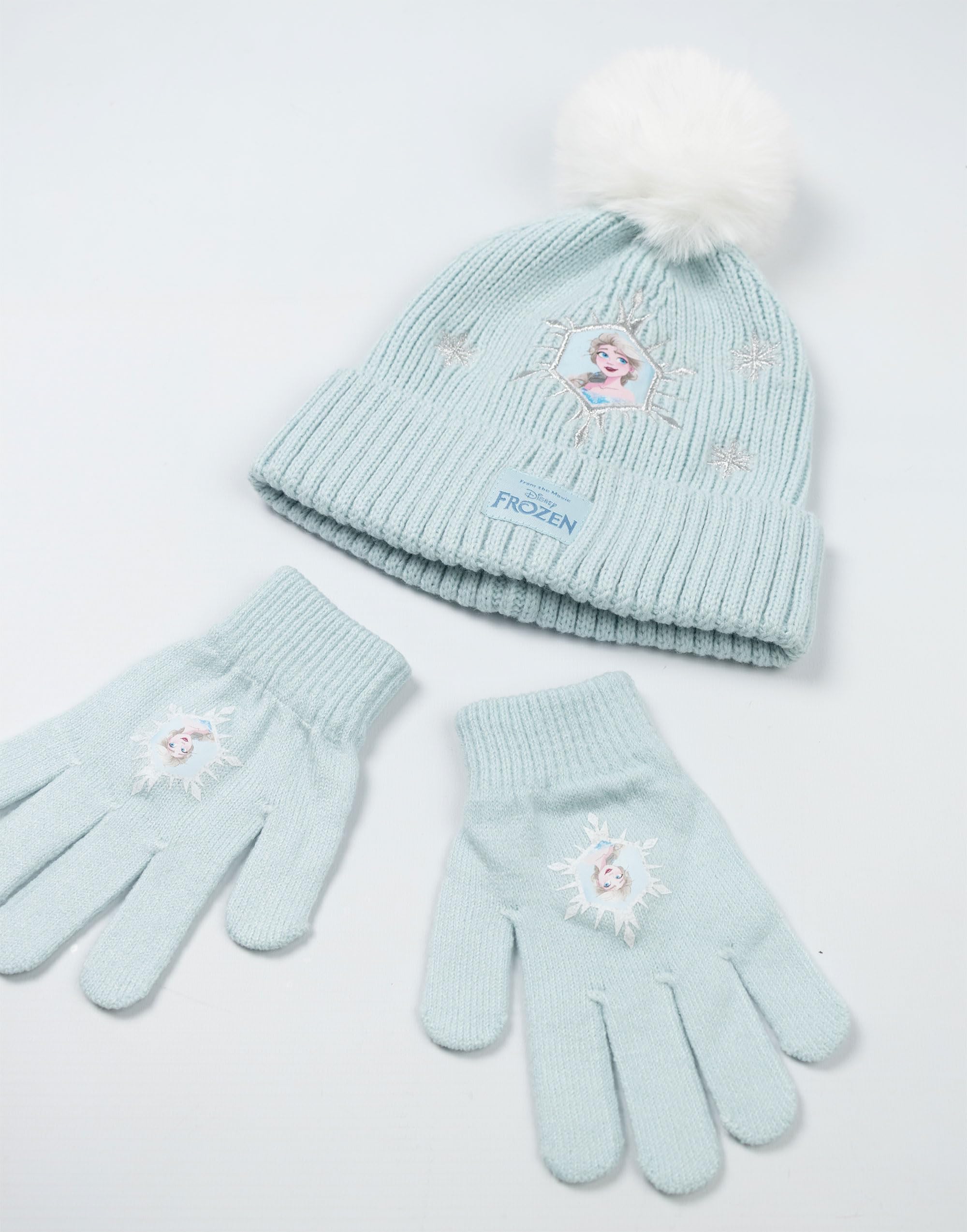 Disney Frozen Elsa - Conjunto de gorro y guantes para niñas, color azul claro, accesorios cálidos de invierno para niños con diseño de personajes
