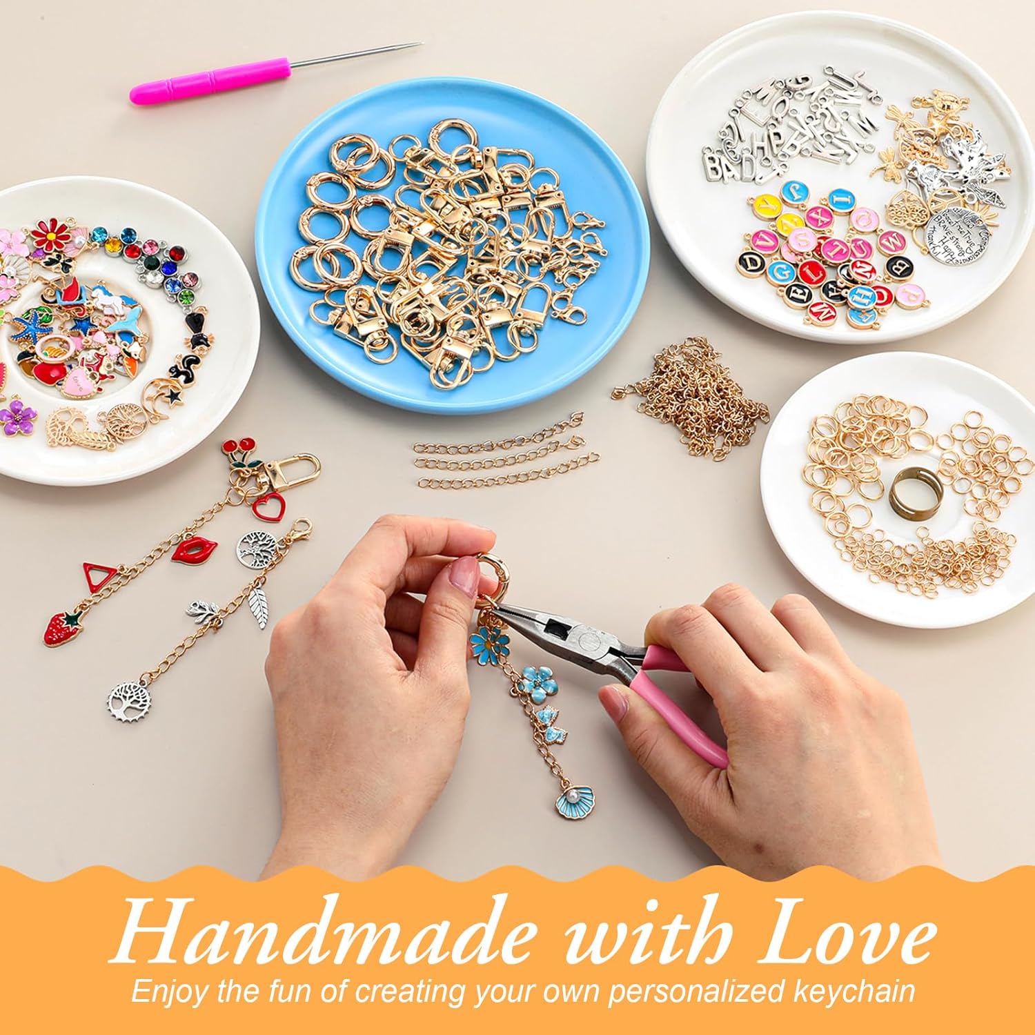 Tondiamo 443 Pcs Charms Lip Gloss Keychain Making Kit DIY Bag Charm Jewelry Chain Including 150 Charms 40 Extender Chain 40 Keychain Clips 200 Jump Ring Jewelry Plier for DIY Crafts Women - Image 5