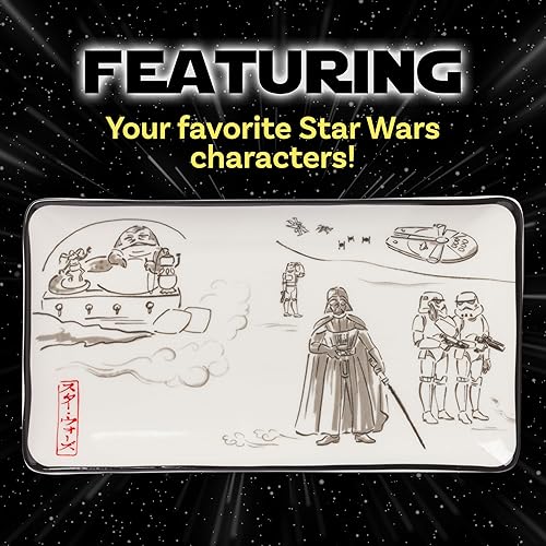 Miniatura 3 de Silver Buffalo Arte japonés de acuarela de Star Wars con Jabba the Hutt, Darth Vader, Stormtroopers - Juego de sushi de cerámica con plato de salsa
