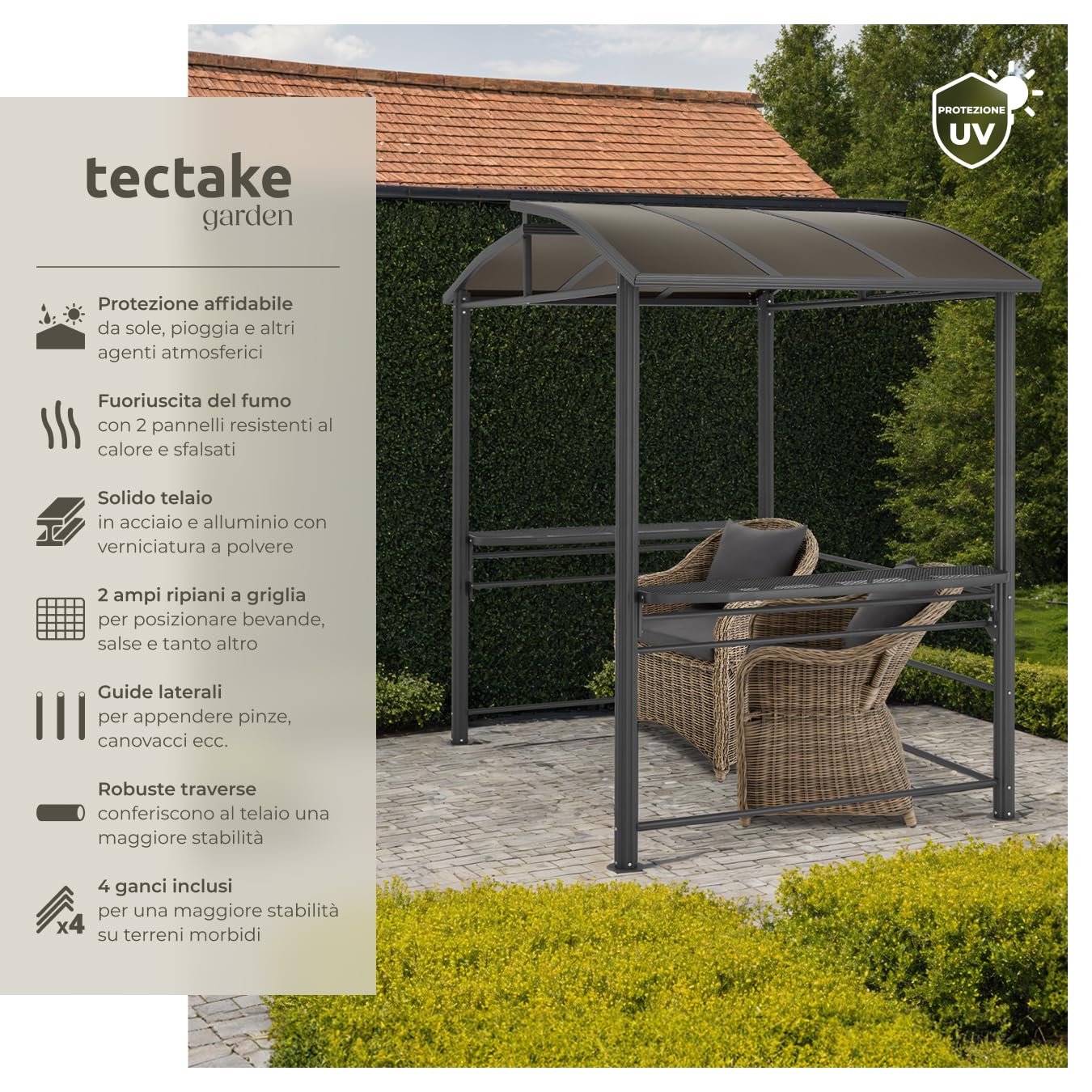 tectake® Chiosco per grigliate Asado, Telaio Stabile, Struttura Robusta, Ottimale per Giardino, Accessori Arredamento Esterno, Areazione, Arredo Giardino, Copertura, Riparo