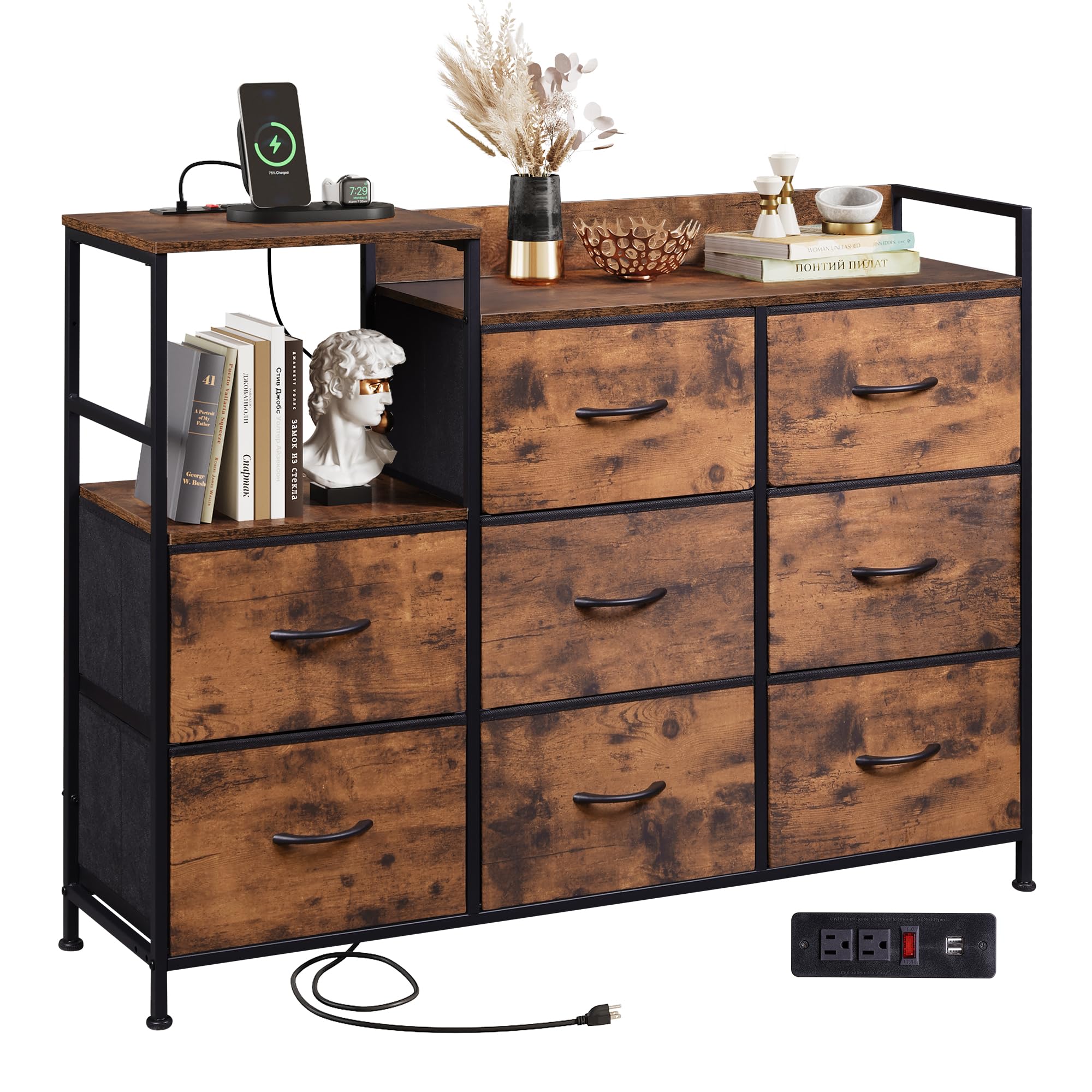 wlive dresser tv stand for bedroom with charging station, wide storage chest of drawers with 8 large fabric drawers and open shelves, storage organizer unit for closet, living room, rustic brown