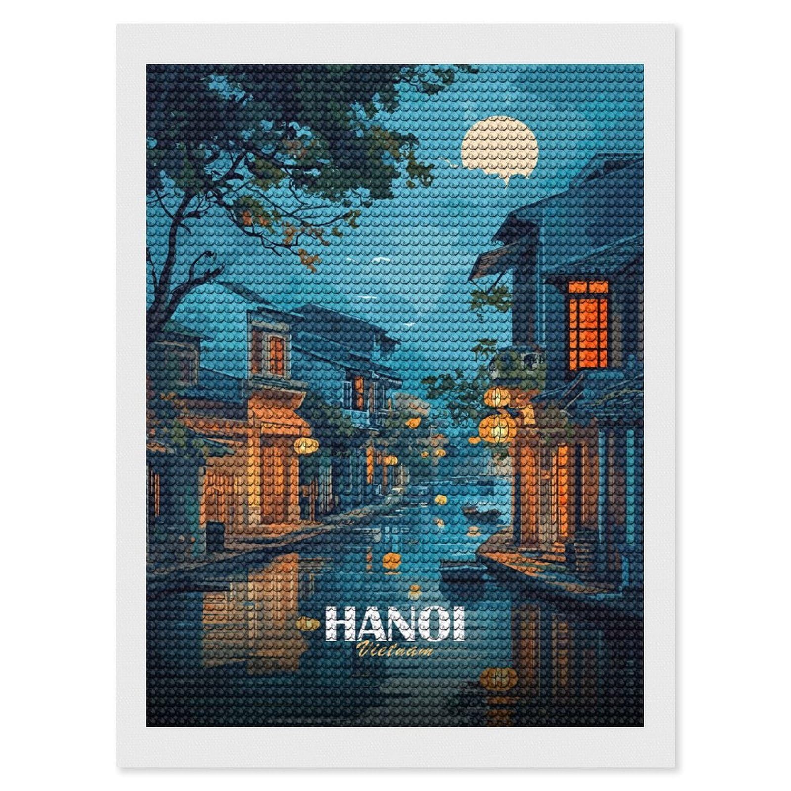 Junmoney Hanoi, Vietnam Canal at Night Diamond Painting Canvas Kit 12"x16", Adhesive Canvas, Living Room Decor, Farmhouse Decor, Winter Craft