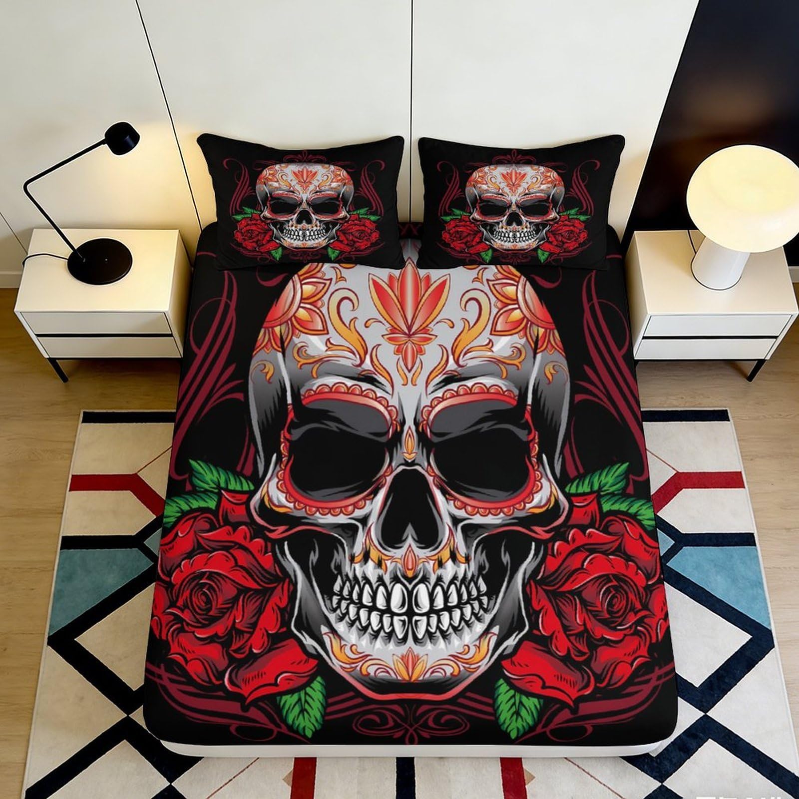 3D Printed Sugar Skull Fitted Sheet Microfiber Red Rose Bed Cover Anti-Slip Machine Washable for Bedroom Guest Room Decor 90x200x25cm