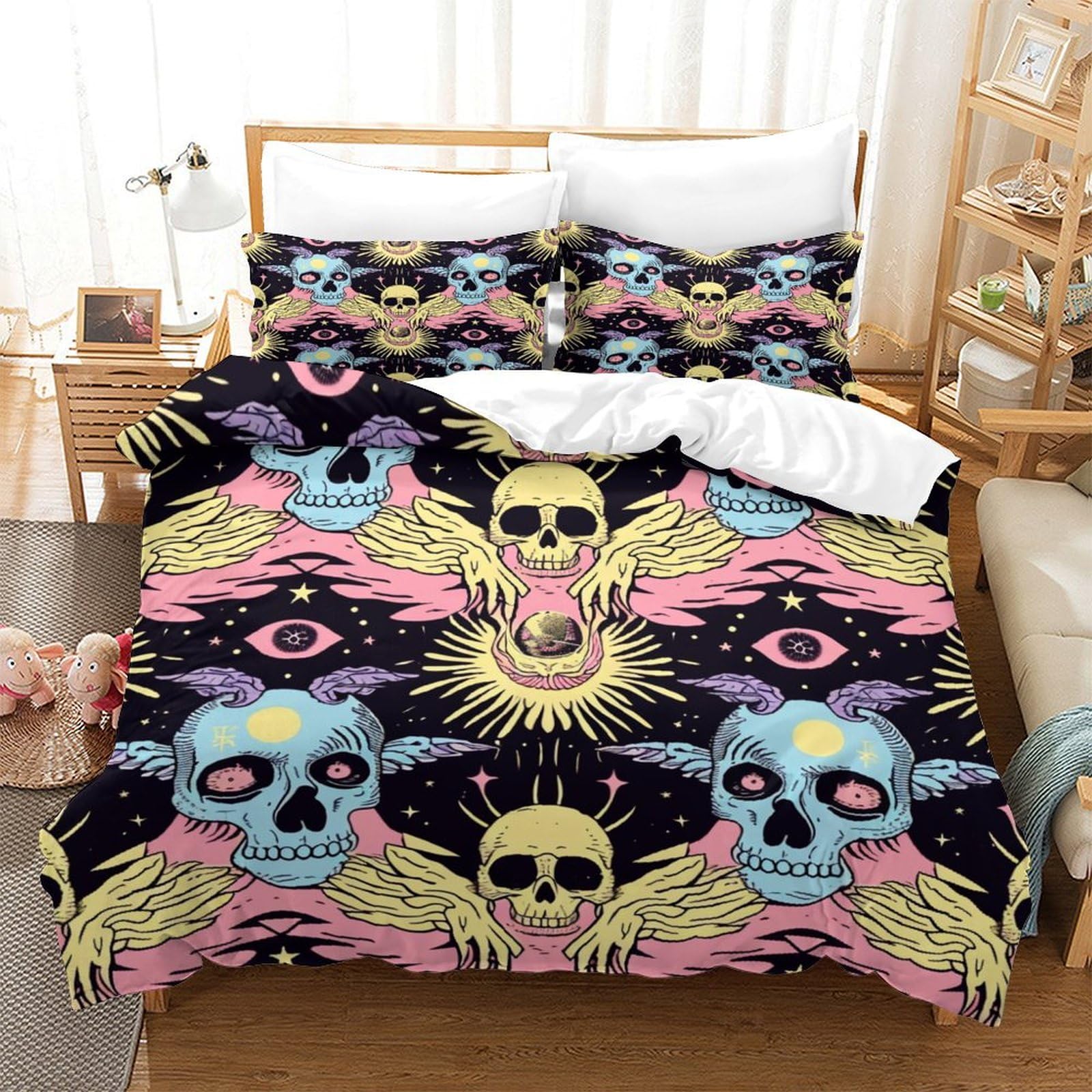 Ensemble de literie crânes 3D housse de couette 140x200 microfibre douce taie d'oreiller lit 1 place