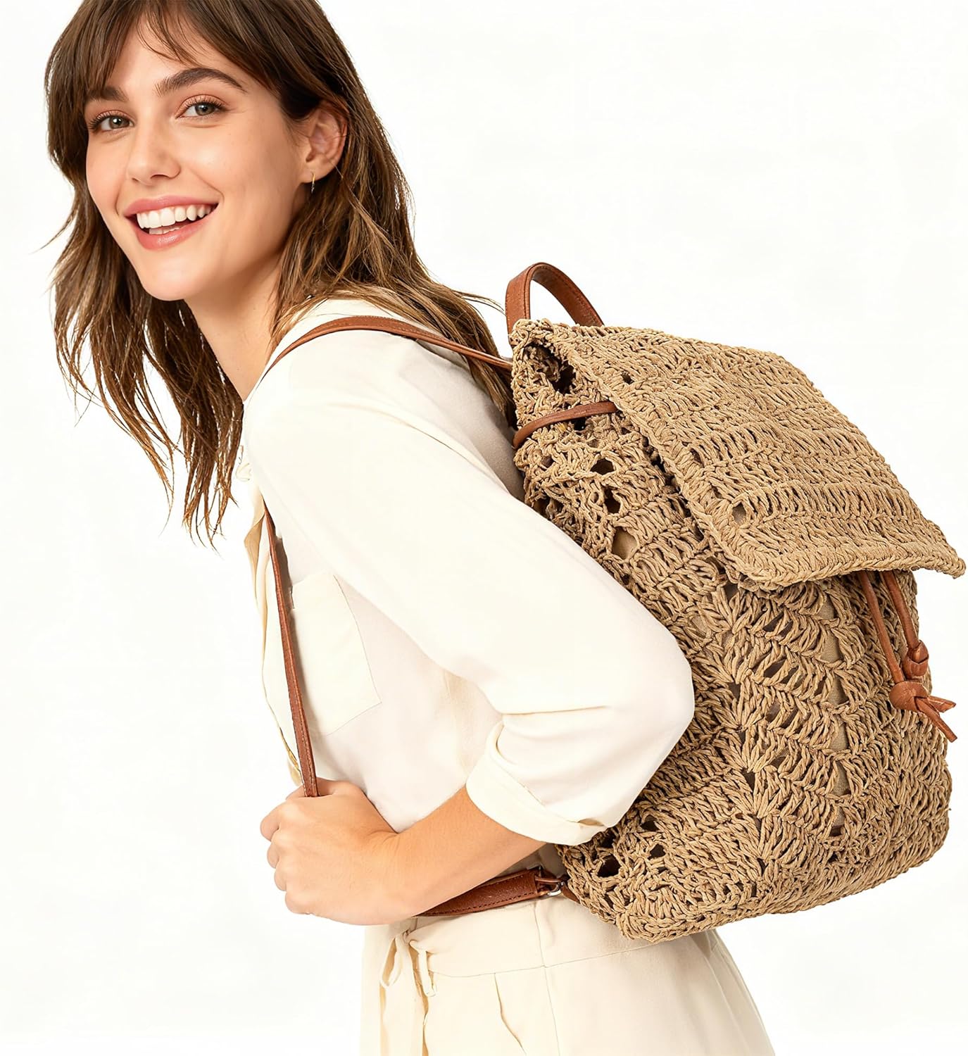 Women Medium Straw Handmade Woven Backpack Flap Drawstring Shoulders Bag Beach Daypack - Image 5