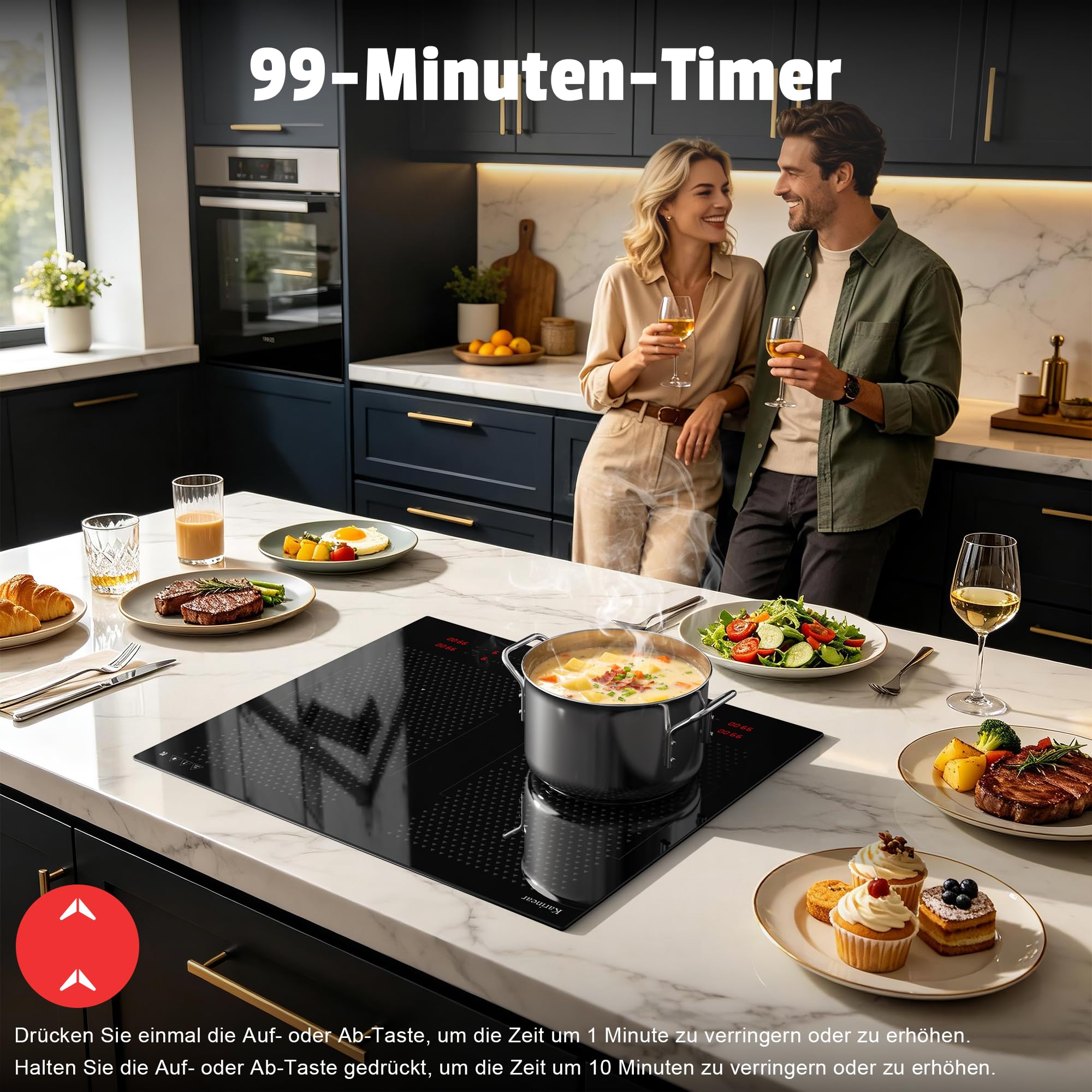 Karinear Induktionskochfeld 60 cm, 7200W Autark 4 Platten Flex Zone Boost | Einbau ohne Stecker, Touch Slider, Timer, Pause, Sicherheitsverriegelung und 9 Leistungsstufen für flexible Küche