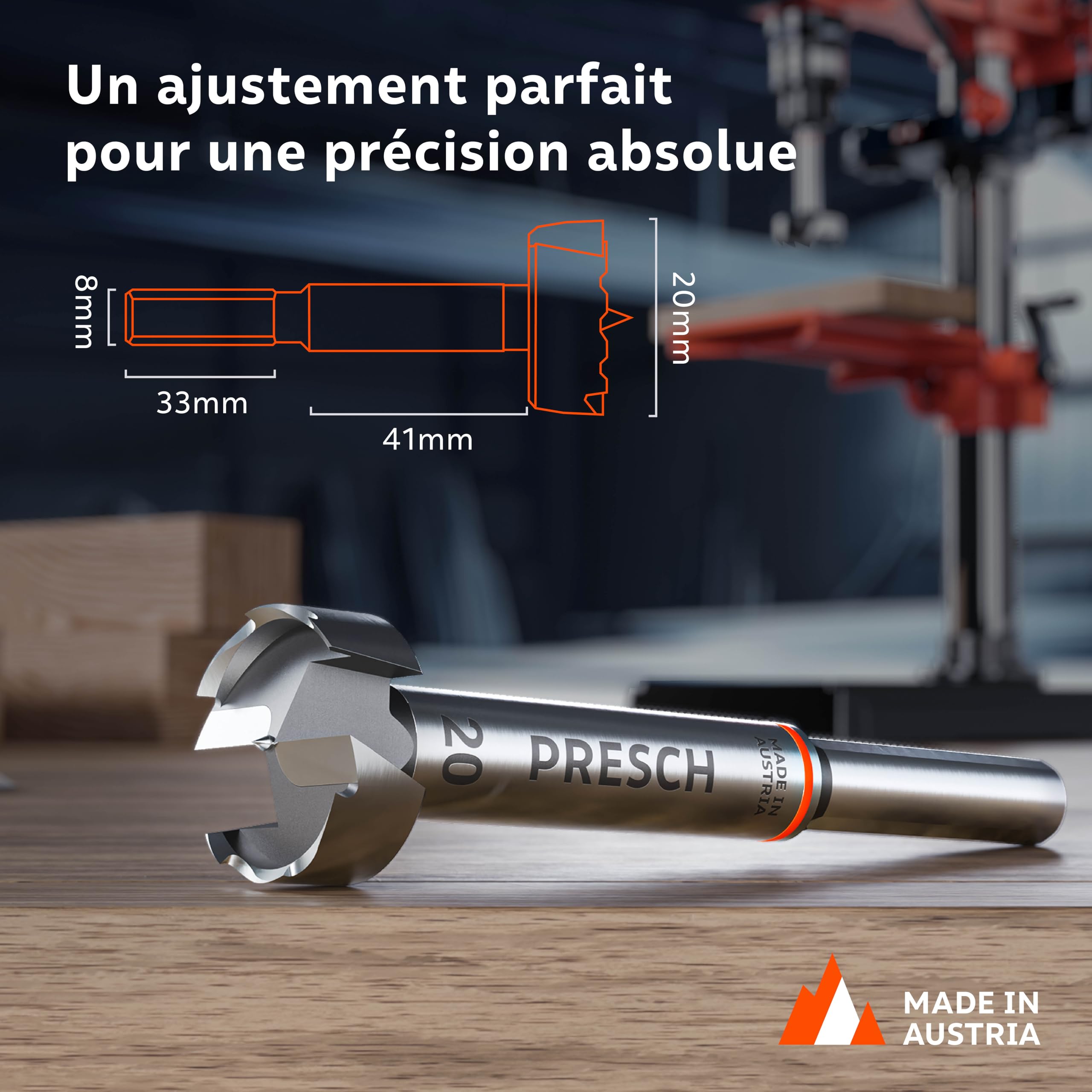 Presch Mèches Forstner Ø 20mm - Coupe-trou ultra tranchant et durable - Pointe de centrage de haute précision pour des trous ronds parfaits - Performance fiable avec une longévité optimisée