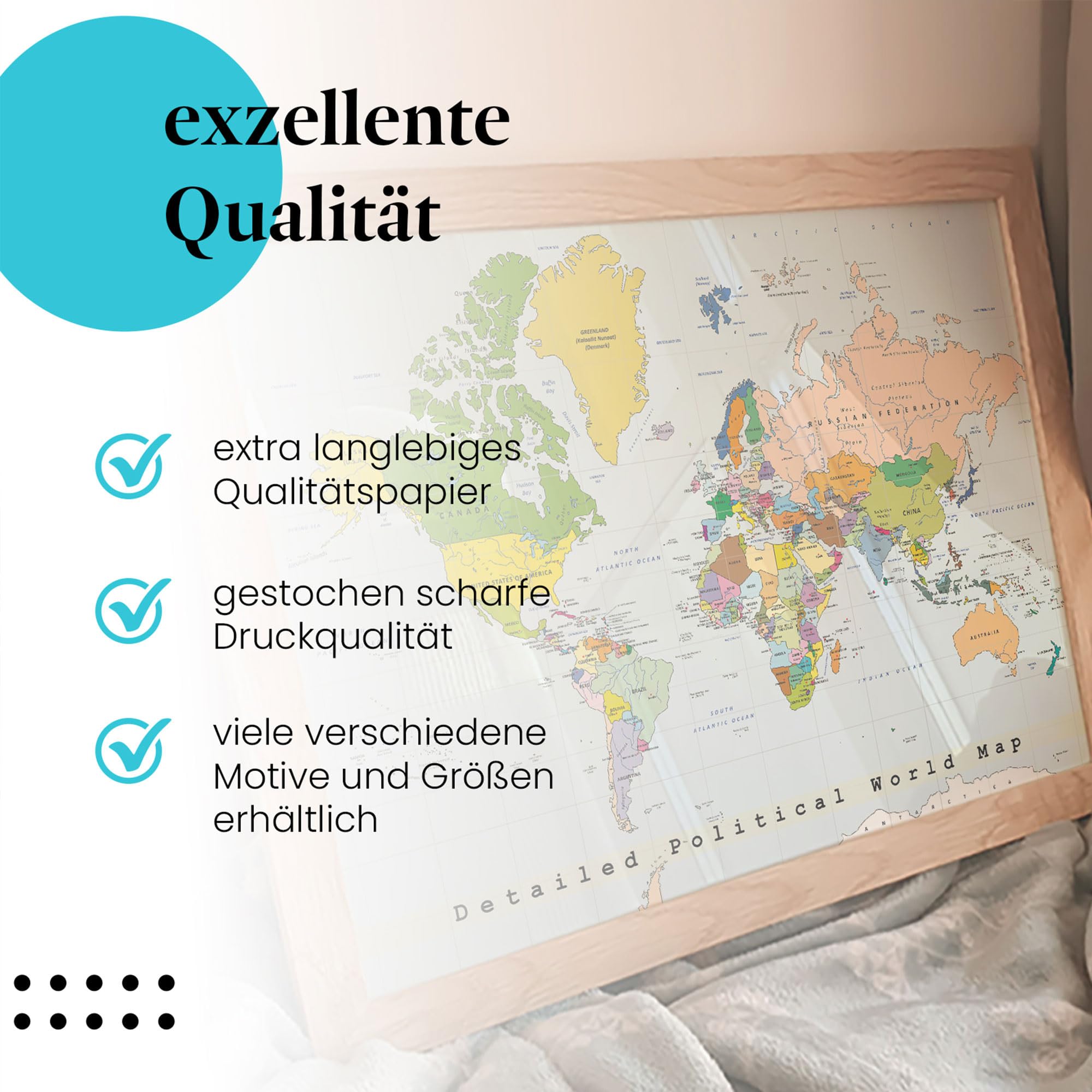 Postereck - 0556 - Detaillierte politische Weltkarte, Hauptstädten - Unterricht Klassenzimmer Schule Wandposter Fotoposter Bilder Wandbild Wandbilder - Leinwand - 75,0 cm x 50,0 cm