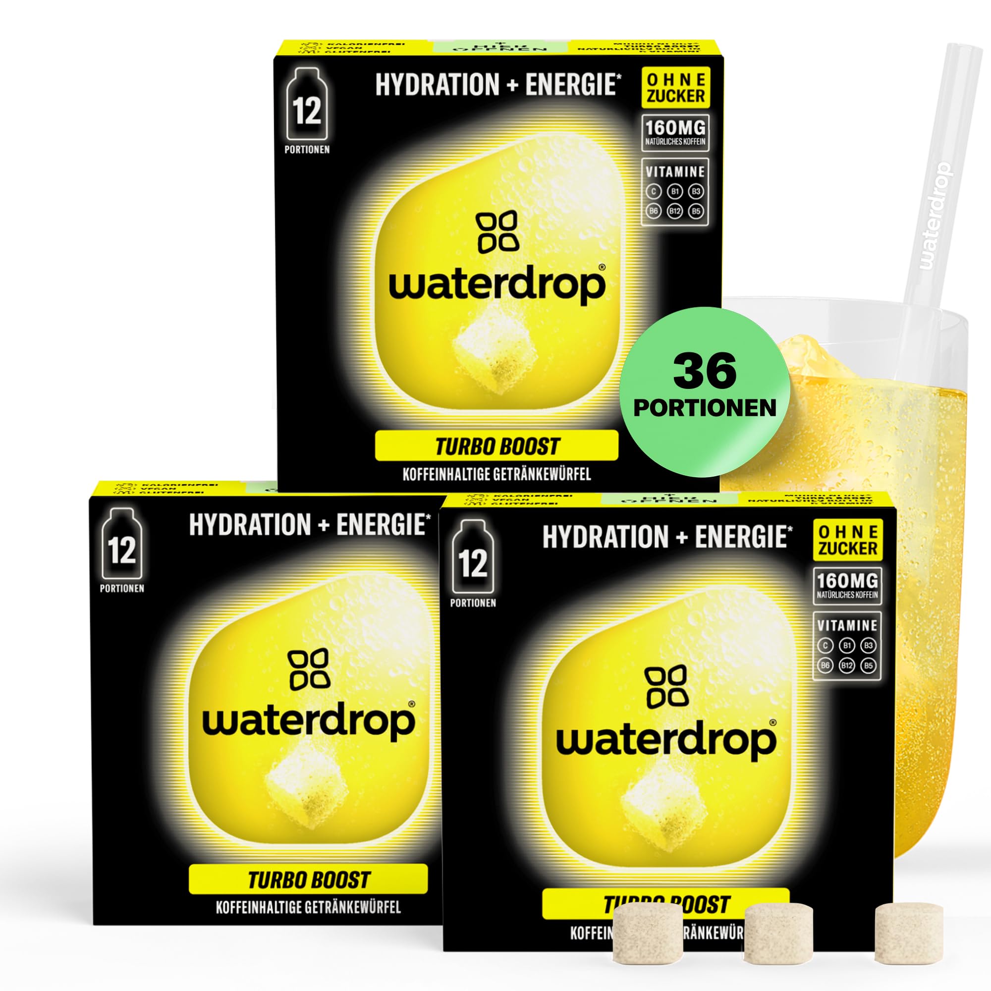 waterdrop® Microenergy Turbo Boost – 160mg Koffein, 36 Drops Würfel – Zuckerfrei, Kalorienarm, Energie-Booster mit Vitamin C & B