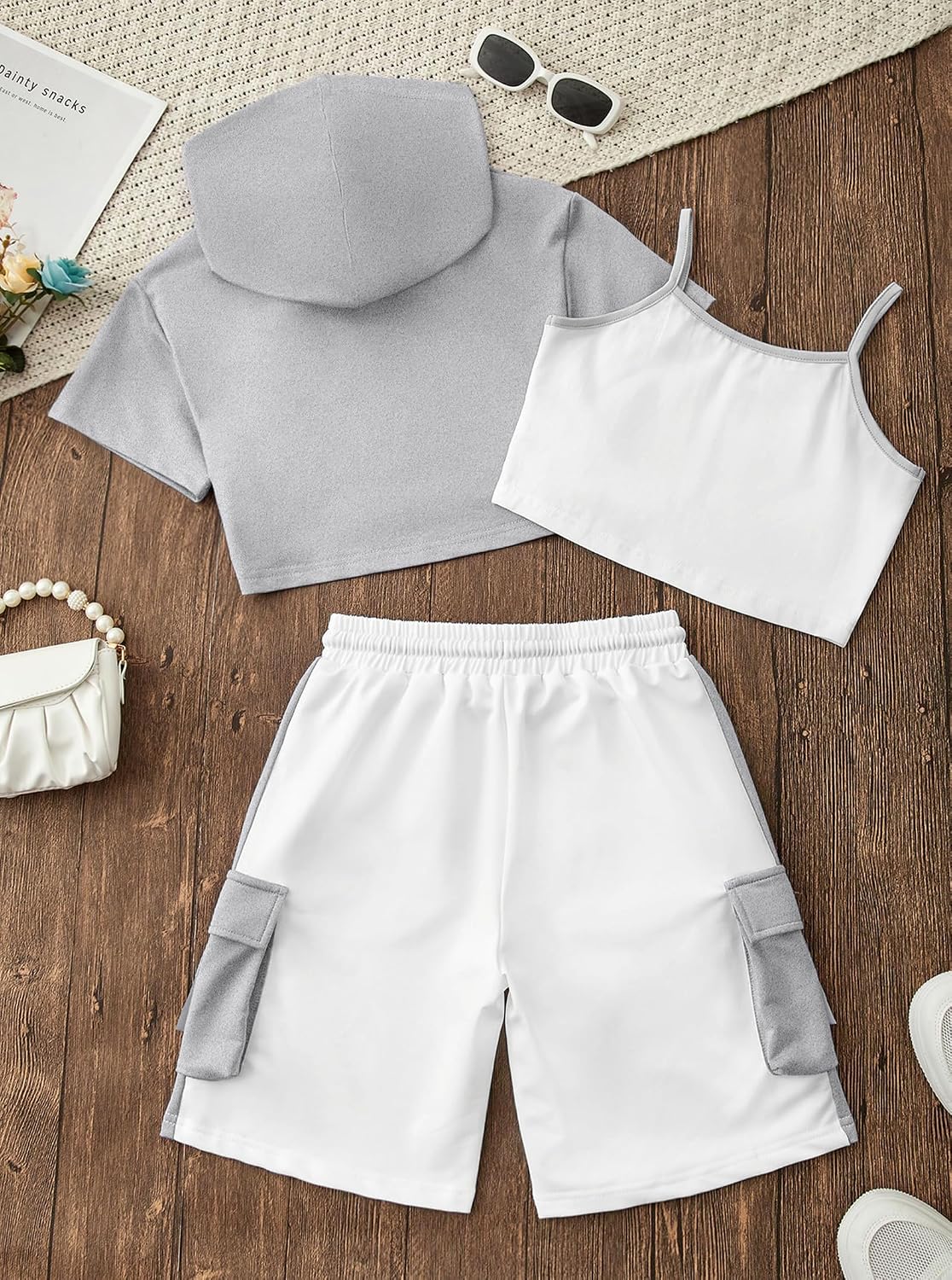 Girls 3-Piece Outfits Cotton Cami Short Sleeve Hoodie and Cargo Shorts Set Kids Streetwear 7-14 Years