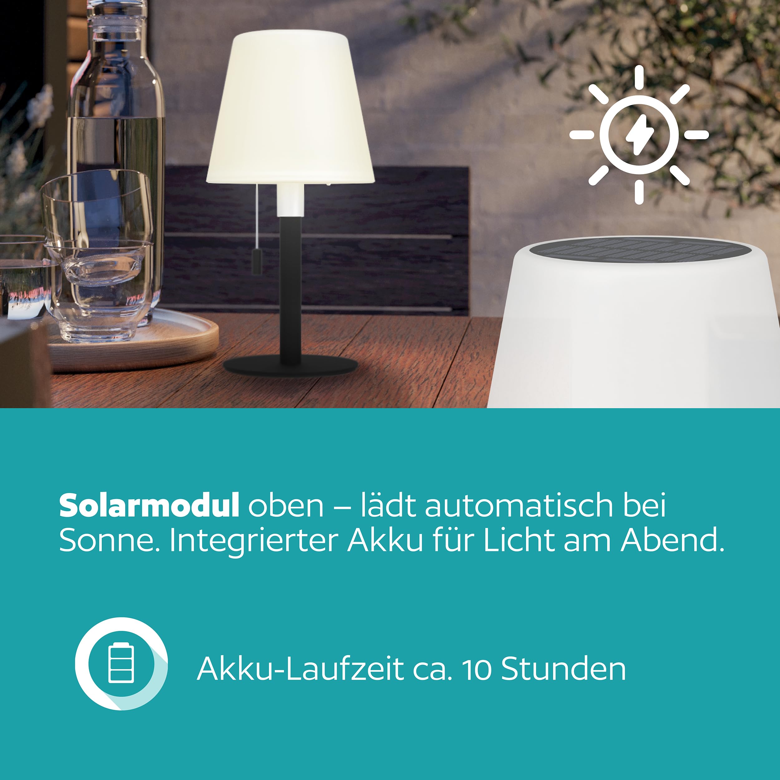 EGLO Solar Tischleuchte Montapalma-L, Outdoor Akku Tischlampe dimmbar mit Zugschalter, kabellose Solarlampe für außen, Stahl in schwarz, Kunststoff weiß, warmweiß, RGB, IP54