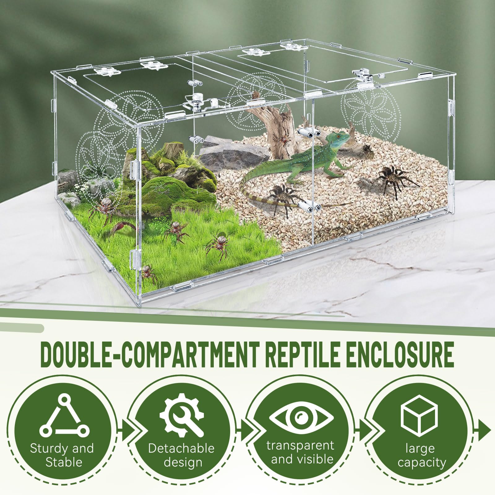 Recinto grande de araña saltadora, caja de tarántula acrílica de 15.7 x 7.8 x 9.85 pulgadas, recinto de reptiles para reptiles que viven en árboles pequeños, anfibios e invertebrados, terrario de