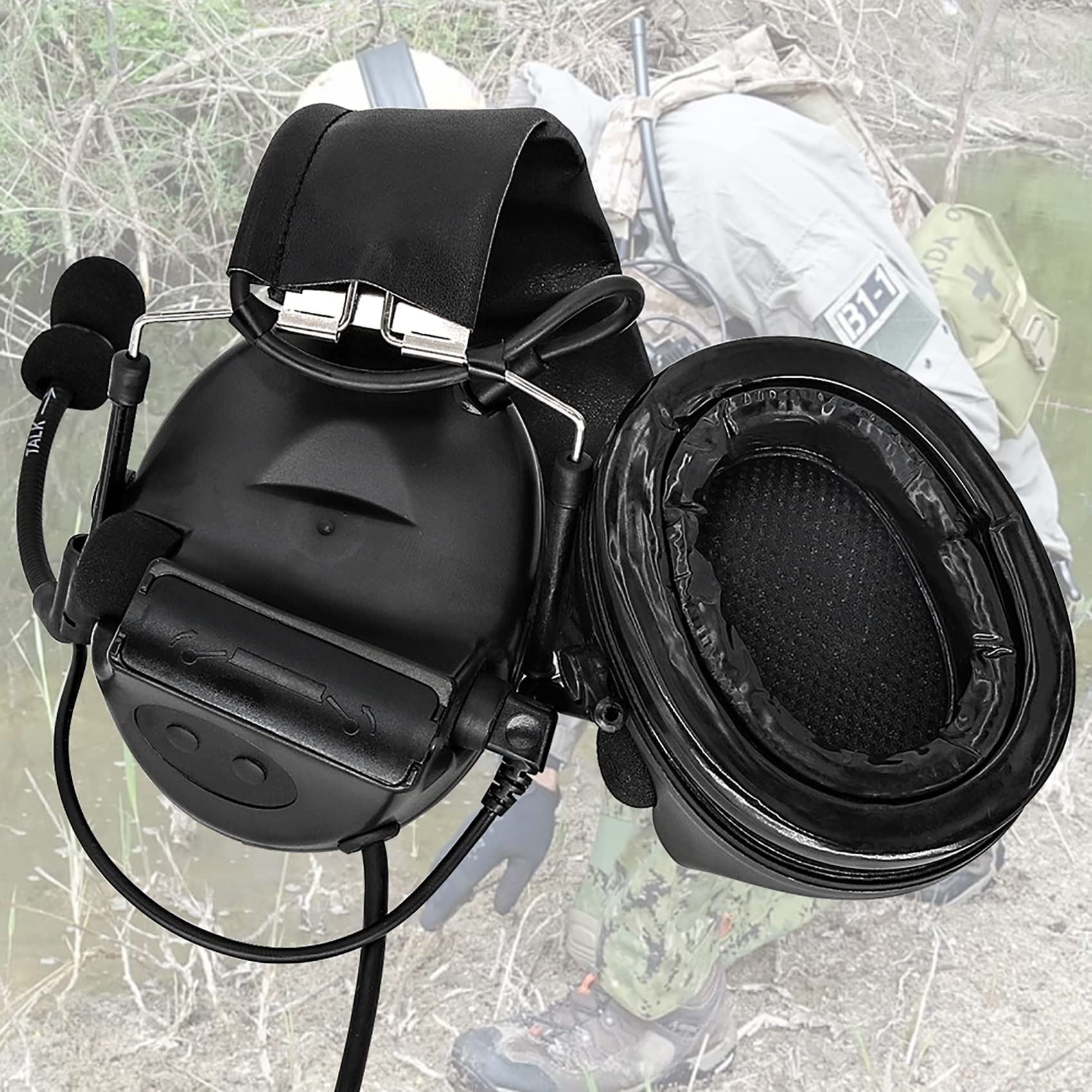 Tactical Headset with Gel Ear Pads Sound Pickup Hearing Defender with PTT 2 PIN for Airsoft Sports