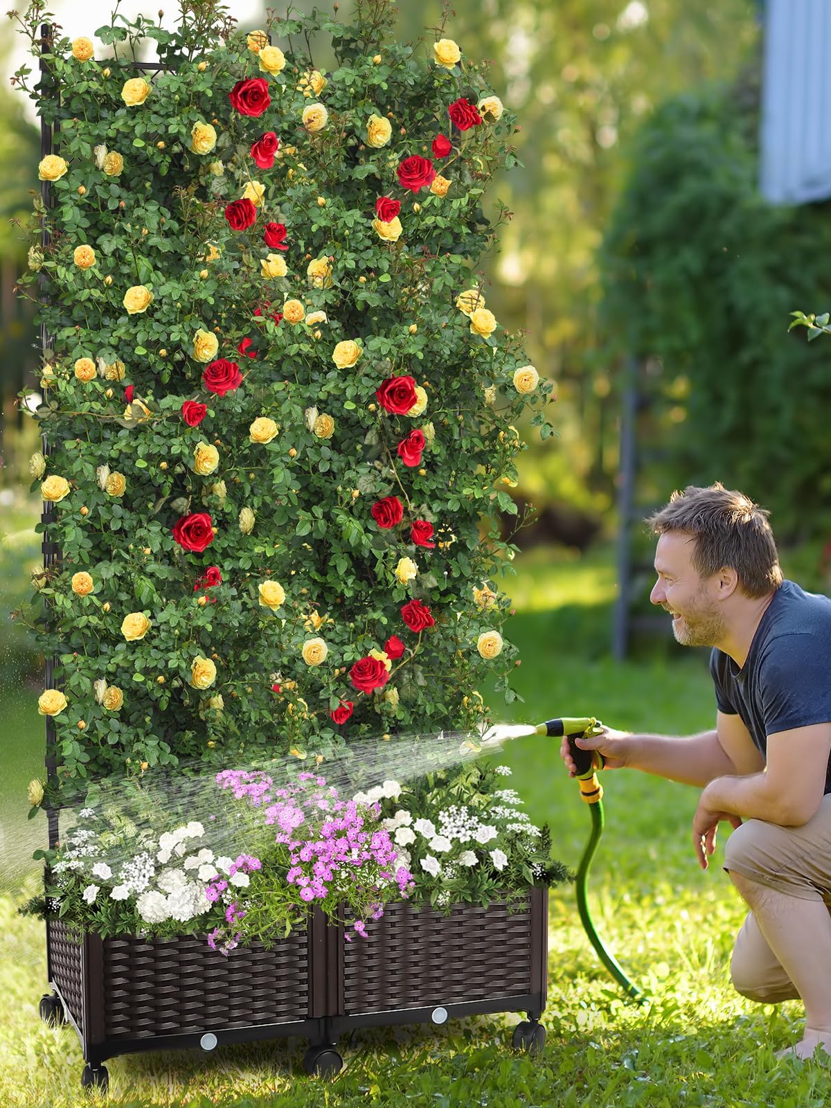 Kalolary 175 cm Jardinera Elevada con Enrejado Metálico, Jardinera Grande Plástico con Orificio Drenaje y Ruedas para Plantas Trepadoras Verduras Flores Soporte para Jardinera Elevada de Exterior