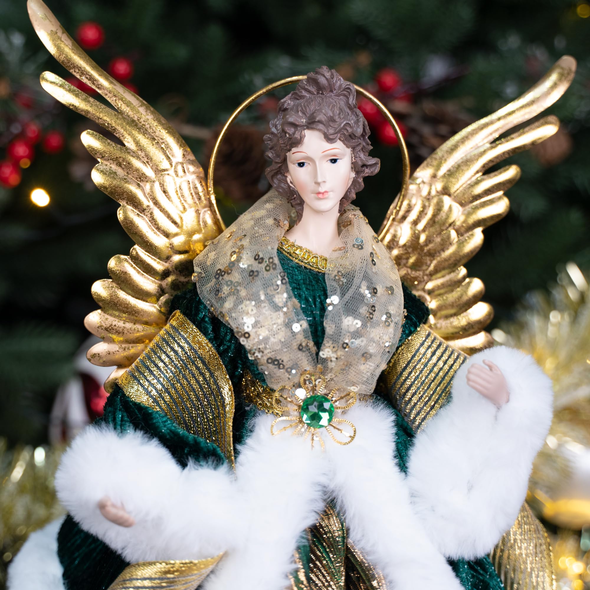 Amazon.com: Christmas Angel Tree Topper with Golden Wings, Elegant Angel Figurine with Green and Gold Dress for Christmas Holiday Seasonal Décor or Indoor Home Party Table top Decoration and Gifts 15.7 inch